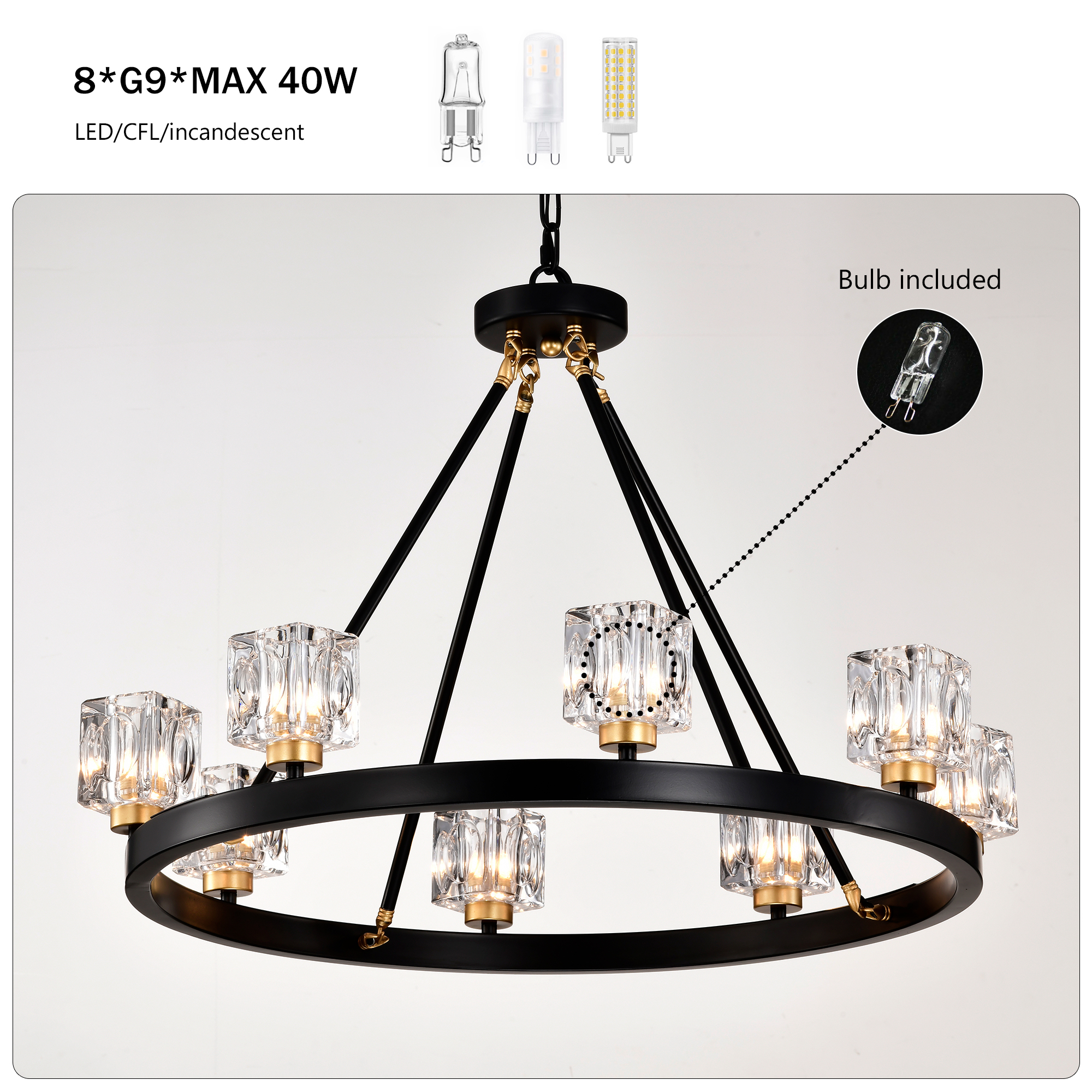 Anmytek Wagon Wheel Chandelier Matte Black Gold Small Crystal Round Ceiling Hanging Light Modern Farmhouse Rustic Light Fixture for Kitchen Island Living Room Dining Room Foyer Entryway Bedroom