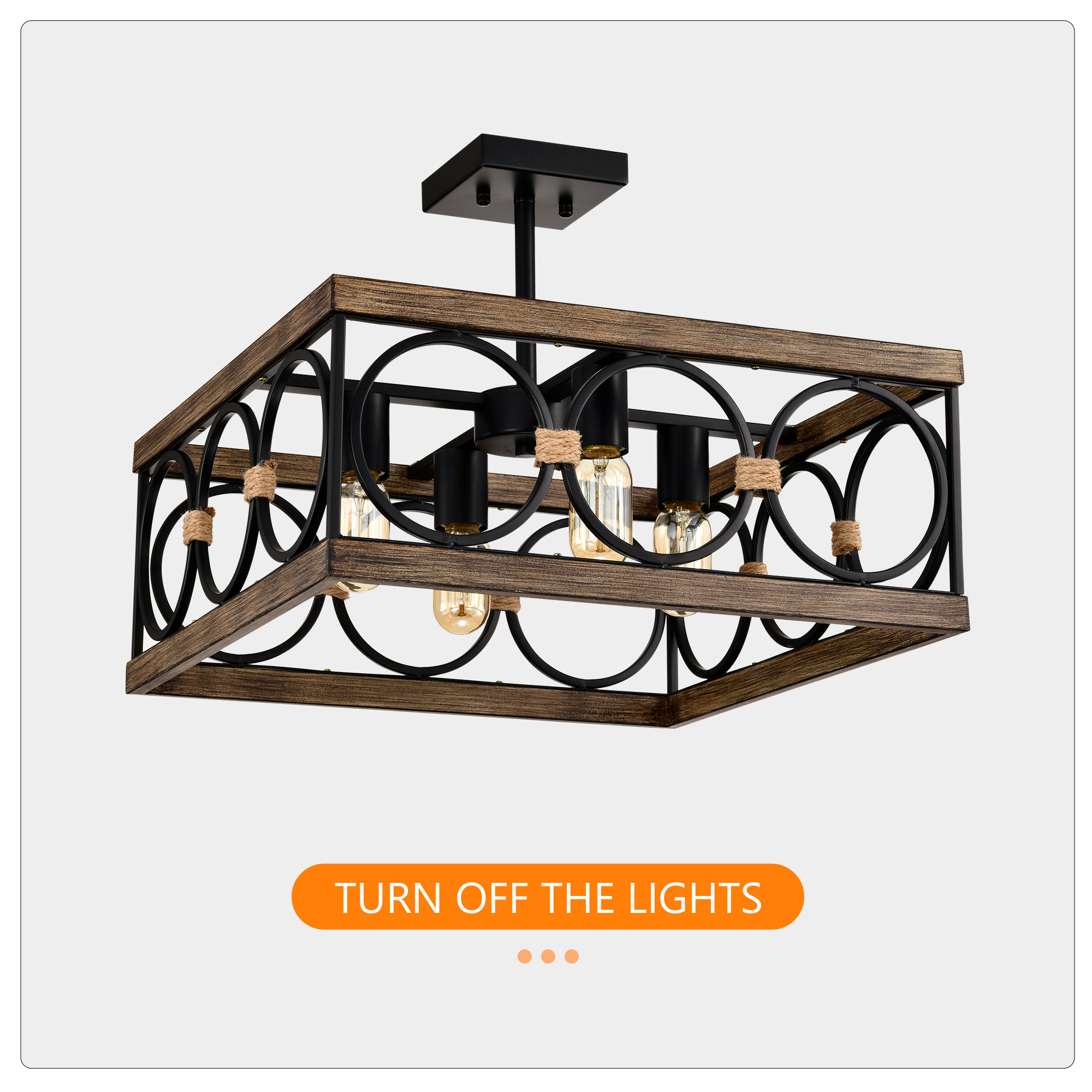 Anmytek 4 Light Square Kitchen Island Light Wood Black Metal Farmhouse Rectangular Ceiling Light Fixture for Dining Room Living Room Conference Room Home Office