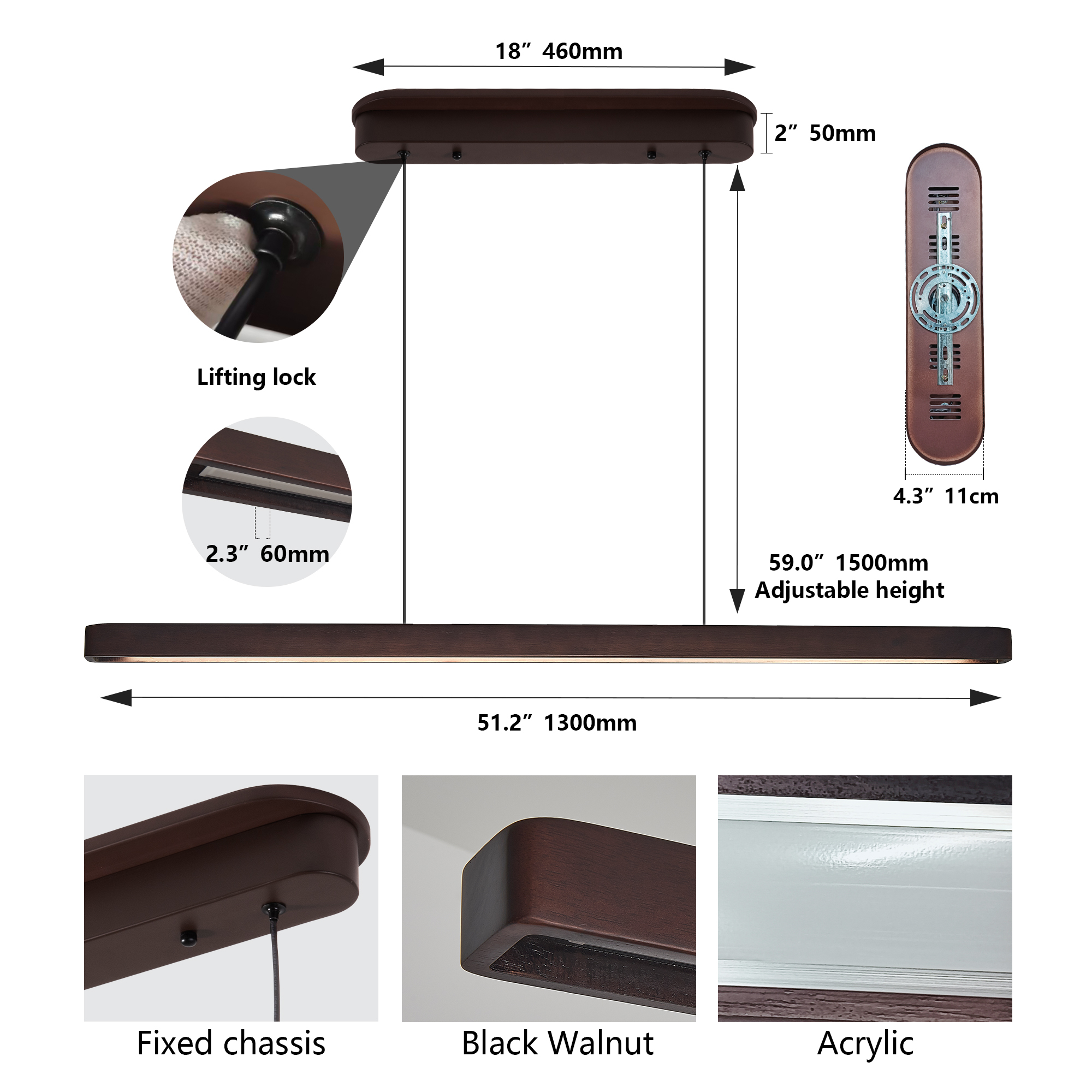 Anmytek Walnut Wood Modern LED Pendant Light 51 Inch Adjustable Hanging Lamp For Dining Room Kitchen Living Room