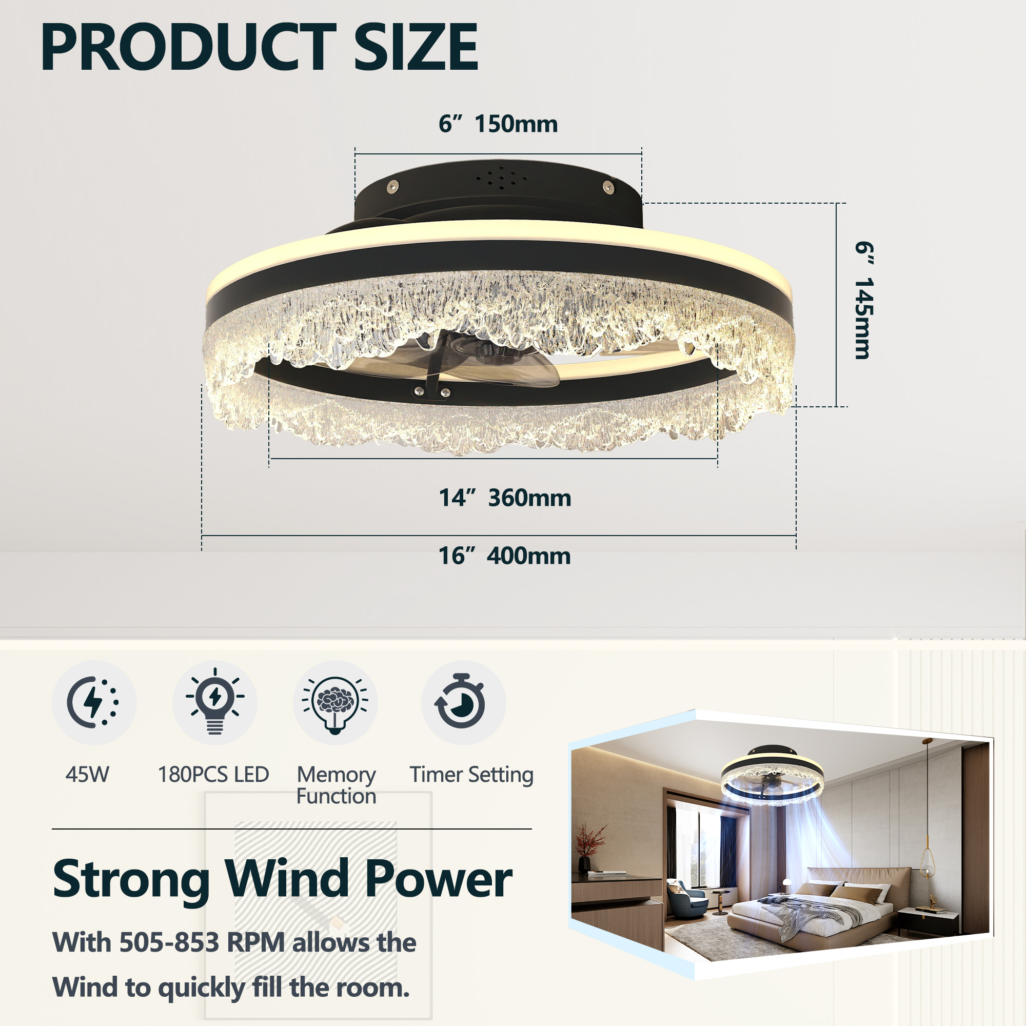 Anmytek 16 Inch LED Crystal Flush Mount Ceiling Fan Light Quiet Hidden Blades Fan Lamp Natural Airflow For Bedroom Kids Room Study Room
