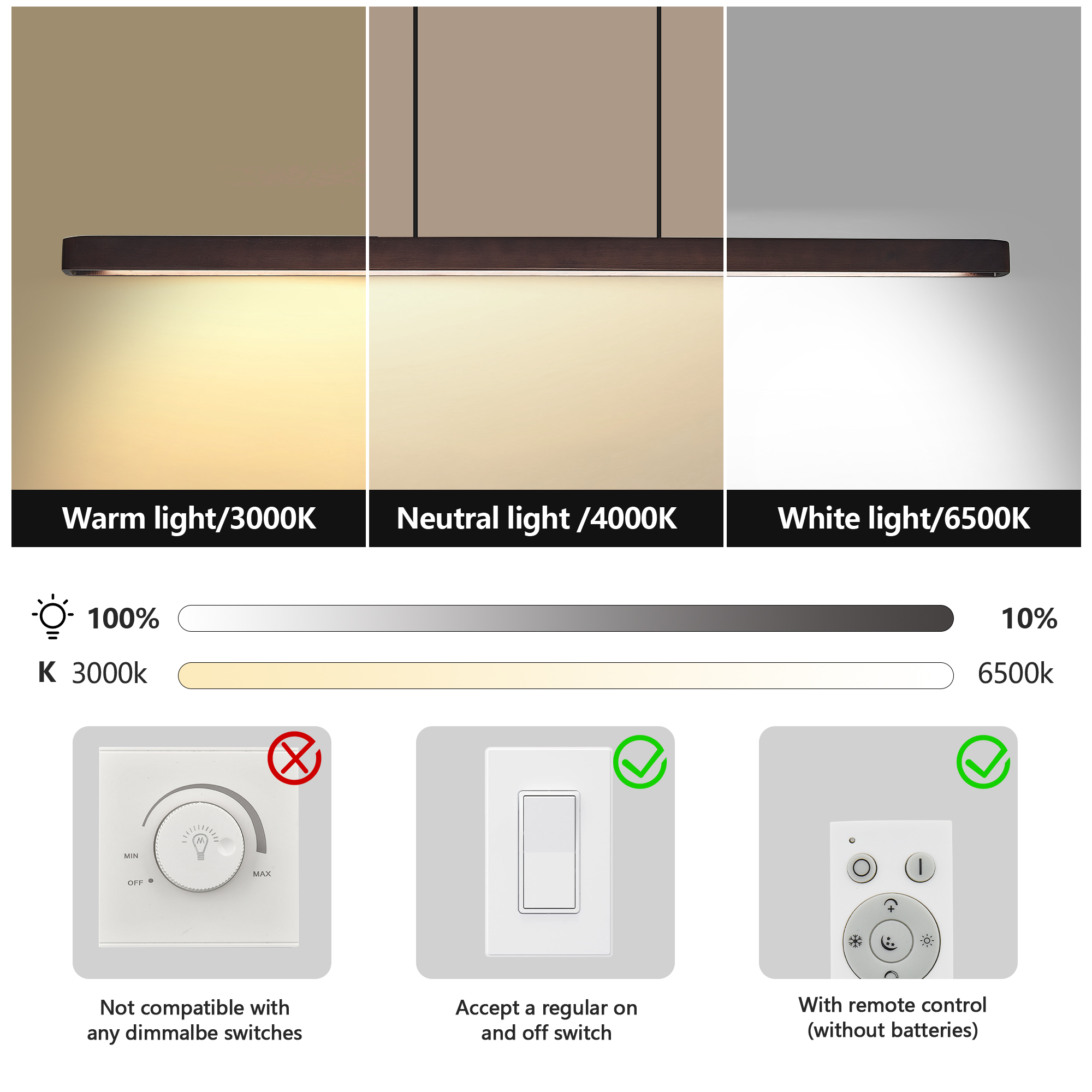 Anmytek Walnut Wood Modern LED Pendant Light 51 Inch Adjustable Hanging Lamp For Dining Room Kitchen Living Room