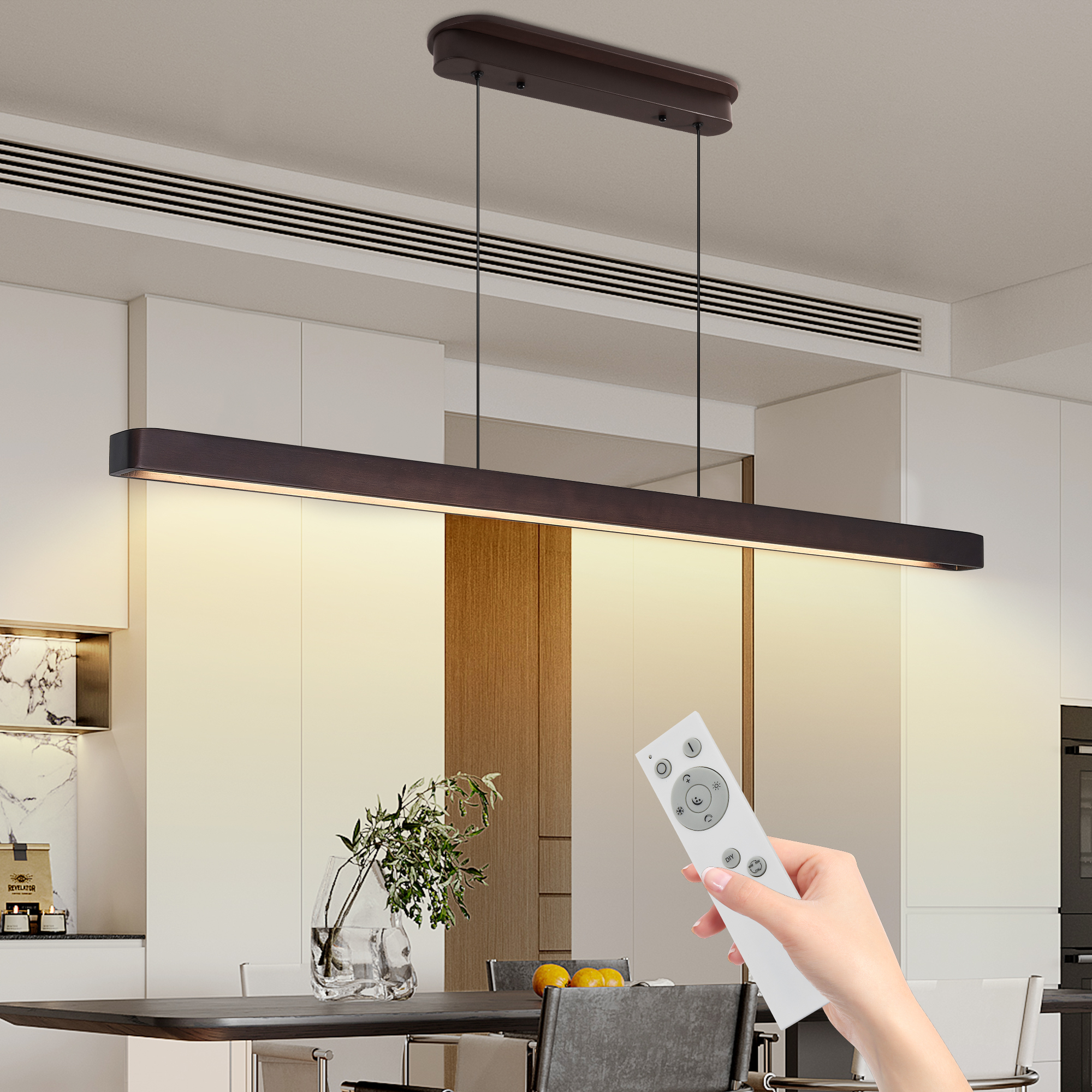 Anmytek Walnut Wood Modern LED Pendant Light 51 Inch Adjustable Hanging Lamp For Dining Room Kitchen Living Room