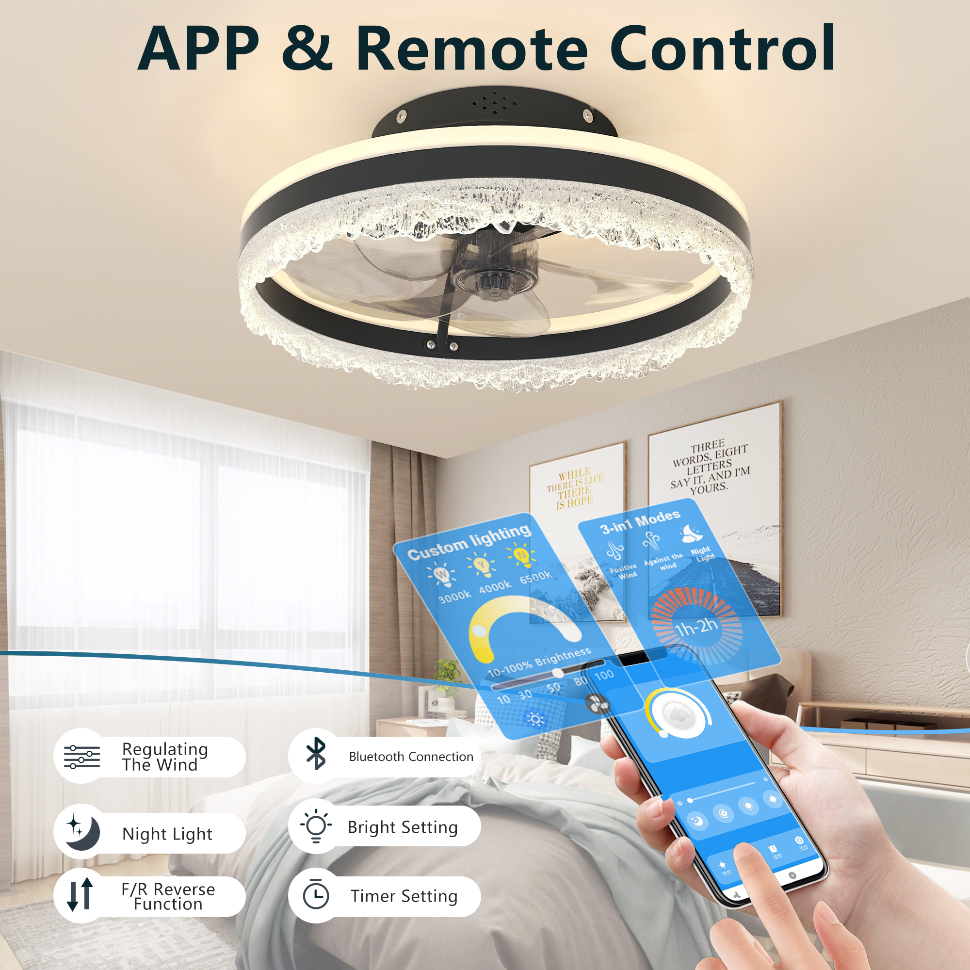 Anmytek 16 Inch LED Crystal Flush Mount Ceiling Fan Light Quiet Hidden Blades Fan Lamp Natural Airflow For Bedroom Kids Room Study Room