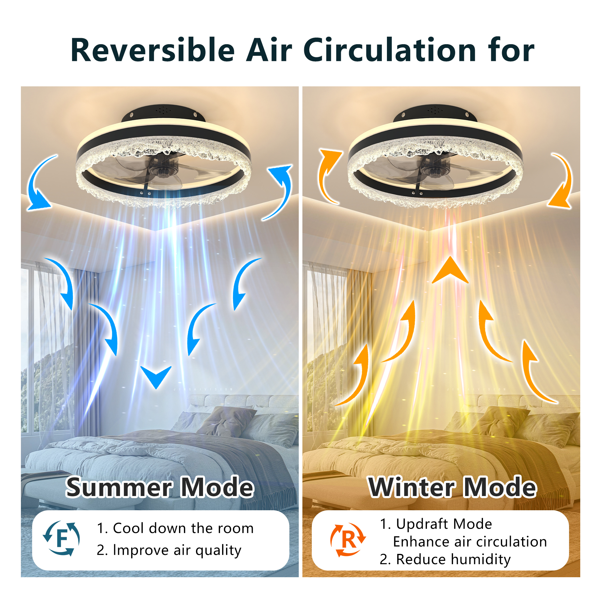 Anmytek 16 Inch LED Crystal Flush Mount Ceiling Fan Light Quiet Hidden Blades Fan Lamp Natural Airflow For Bedroom Kids Room Study Room