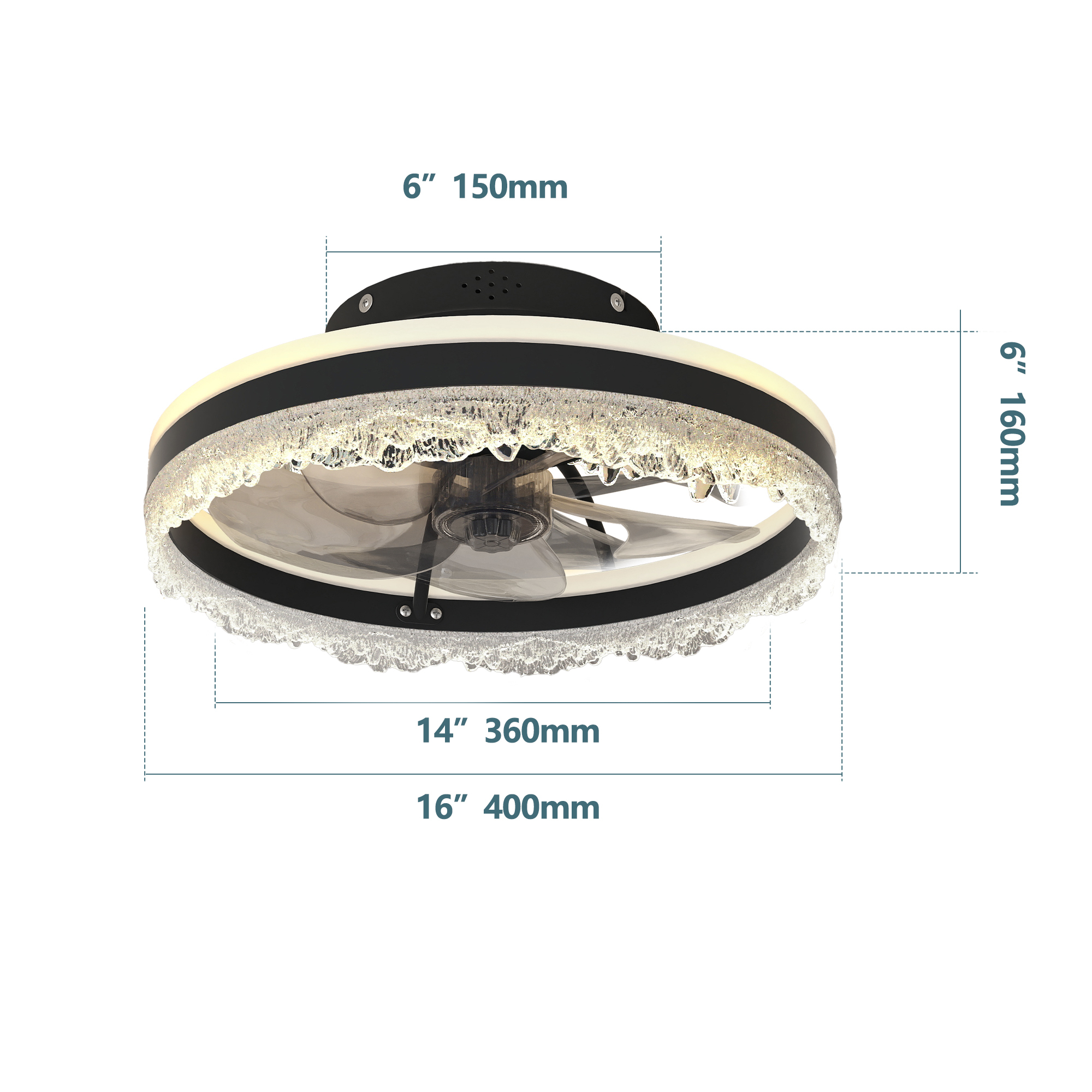 Anmytek 16 Inch LED Crystal Flush Mount Ceiling Fan Light Quiet Hidden Blades Fan Lamp Natural Airflow For Bedroom Kids Room Study Room