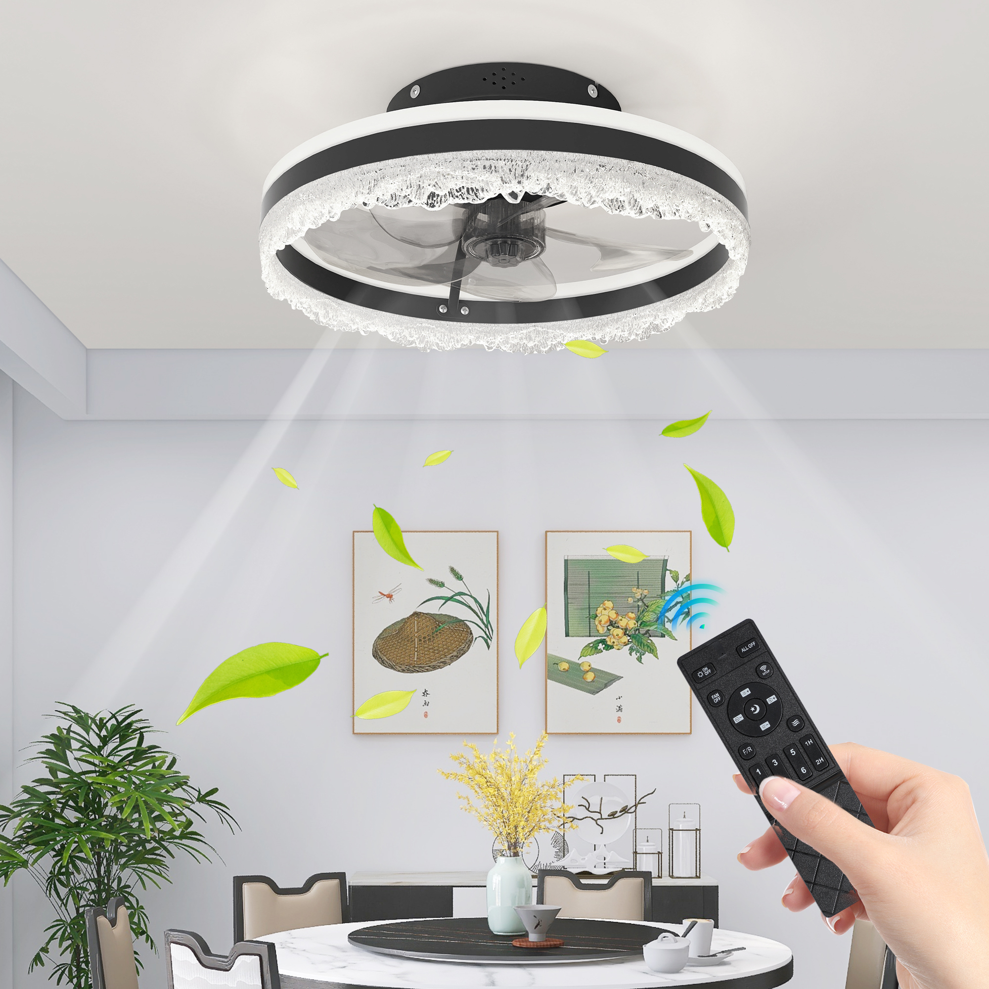 Anmytek 16 Inch LED Crystal Flush Mount Ceiling Fan Light Quiet Hidden Blades Fan Lamp Natural Airflow For Bedroom Kids Room Study Room