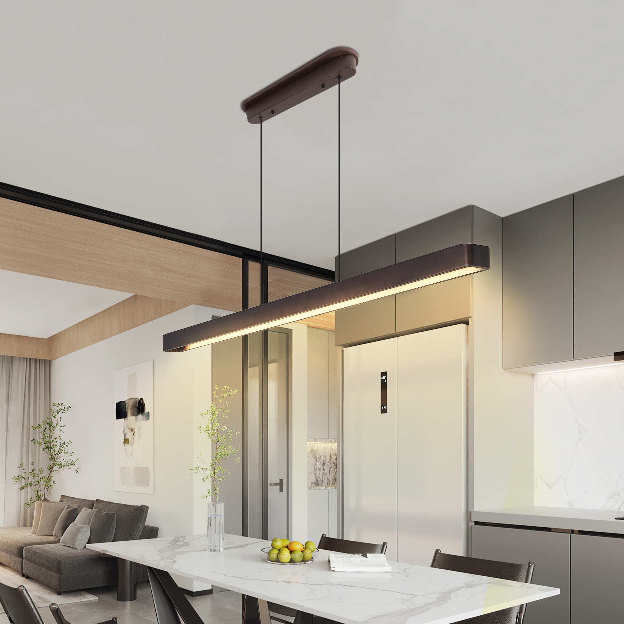 Anmytek Walnut Wood Modern LED Pendant Light 51 Inch Adjustable Hanging Lamp For Dining Room Kitchen Living Room