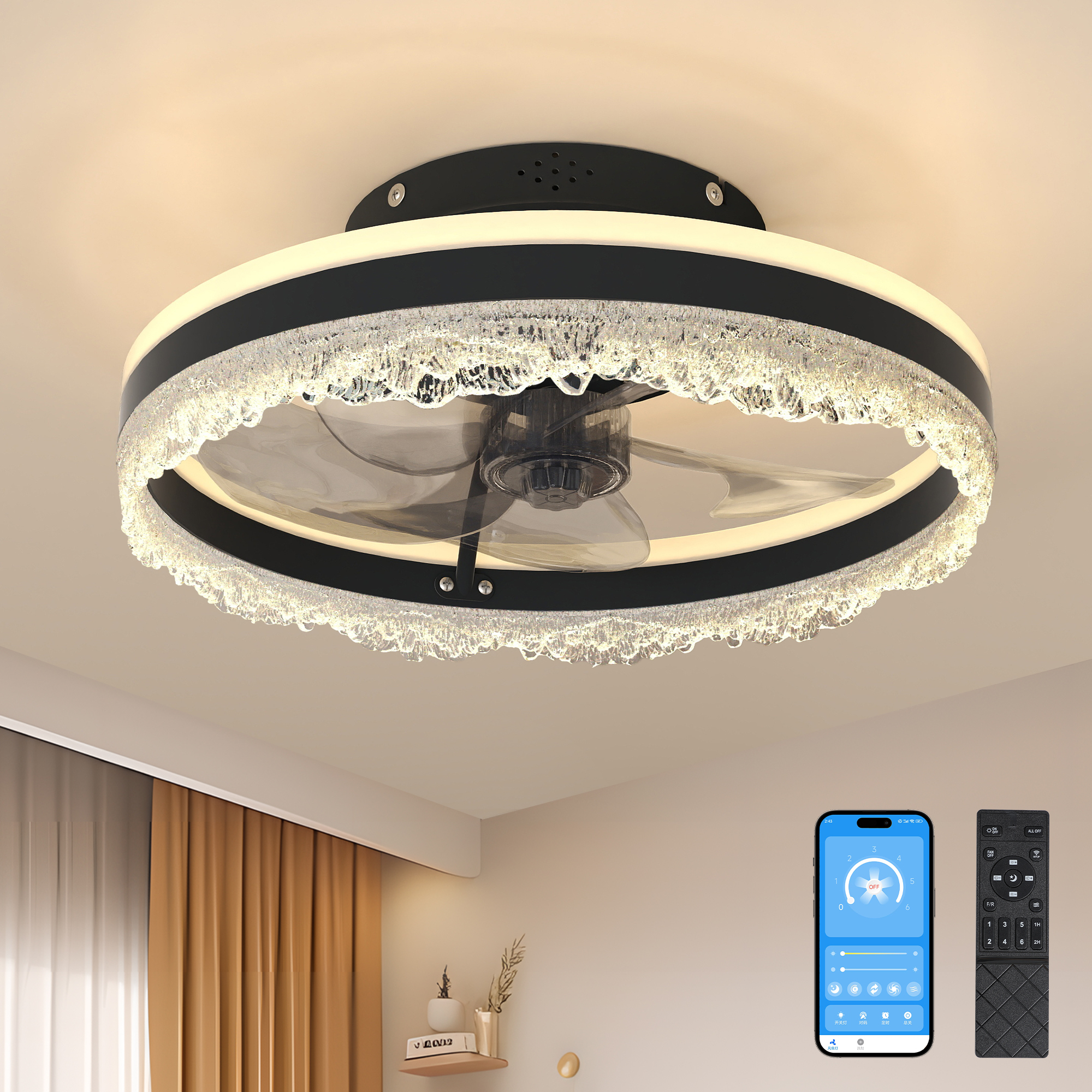 Anmytek 16 Inch LED Crystal Flush Mount Ceiling Fan Light Quiet Hidden Blades Fan Lamp Natural Airflow For Bedroom Kids Room Study Room