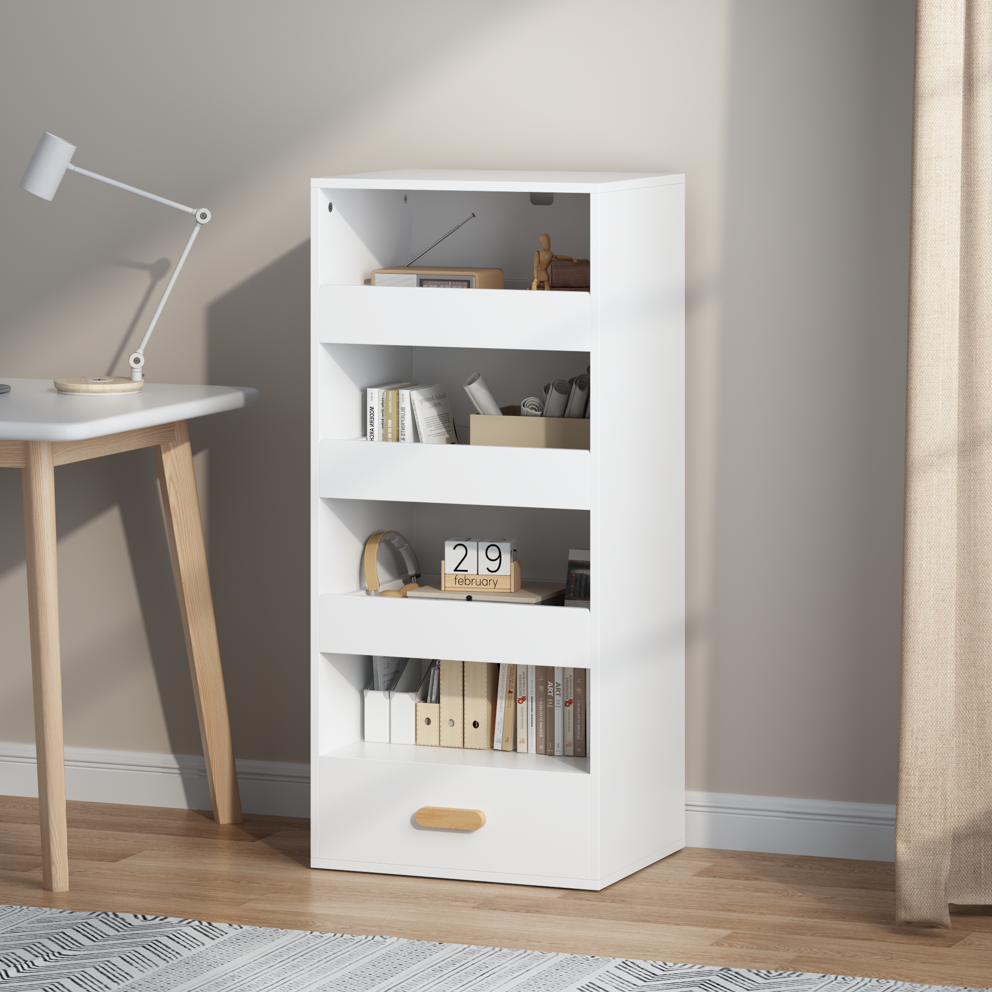 Anmytek 4 Tier Freestanding Bookshelf Storage Organizer with 3 Sliding Drawers and 1 Bottom Drawer for Living Room Home Office