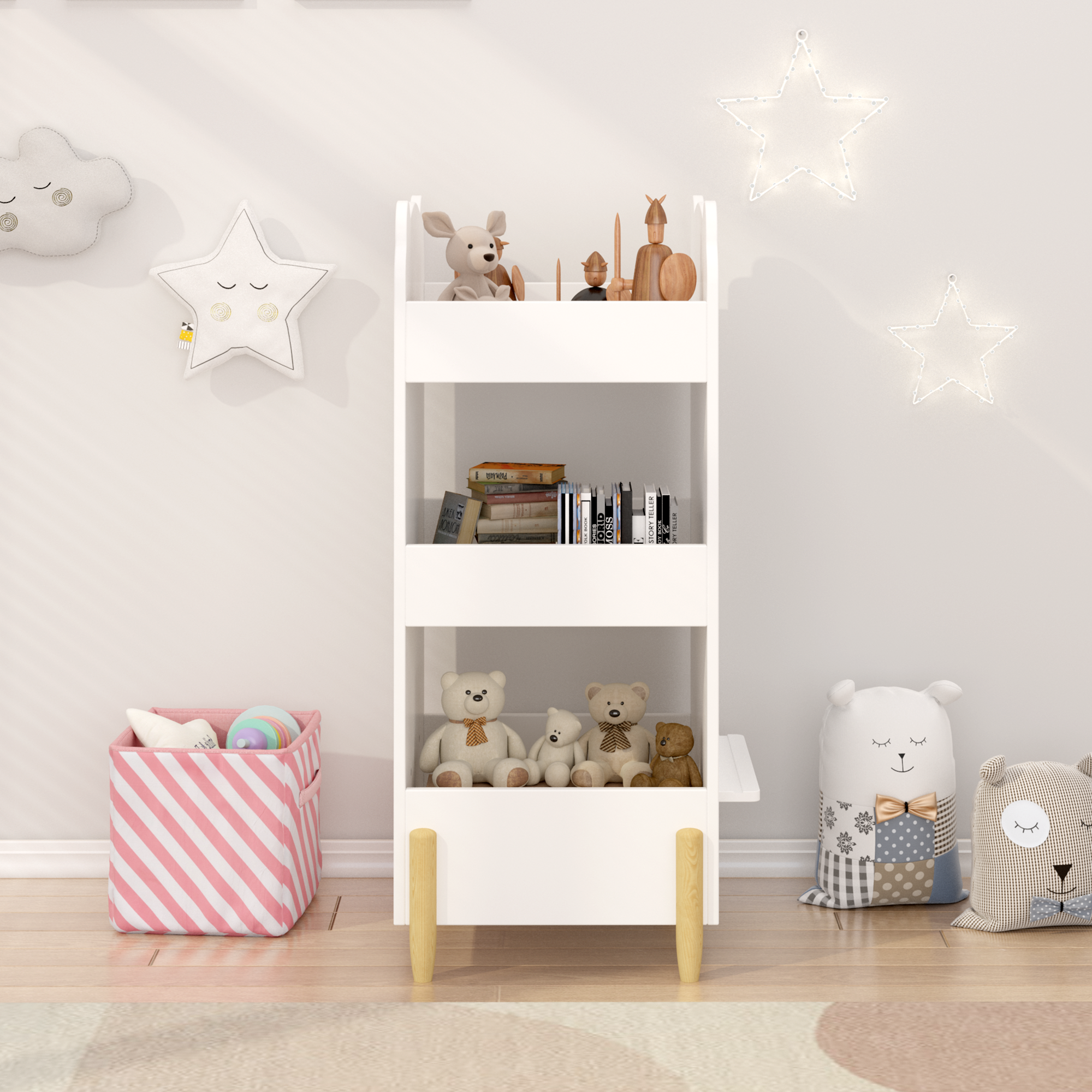 Anmytek Bear Shaped Wooden Kids Bookshelf 3 Tier Storage Organizer with Side Chalkboard White Toy and Book Shelf for Toddlers Playroom Bedroom