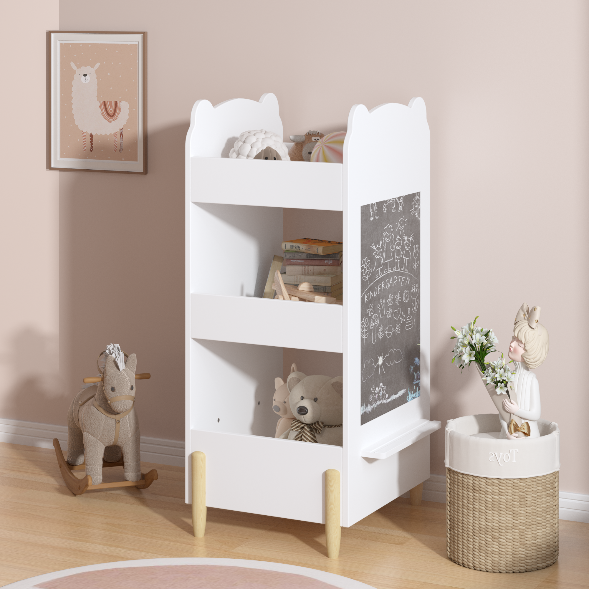 Anmytek Bear Shaped Wooden Kids Bookshelf 3 Tier Storage Organizer with Side Chalkboard White Toy and Book Shelf for Toddlers Playroom Bedroom