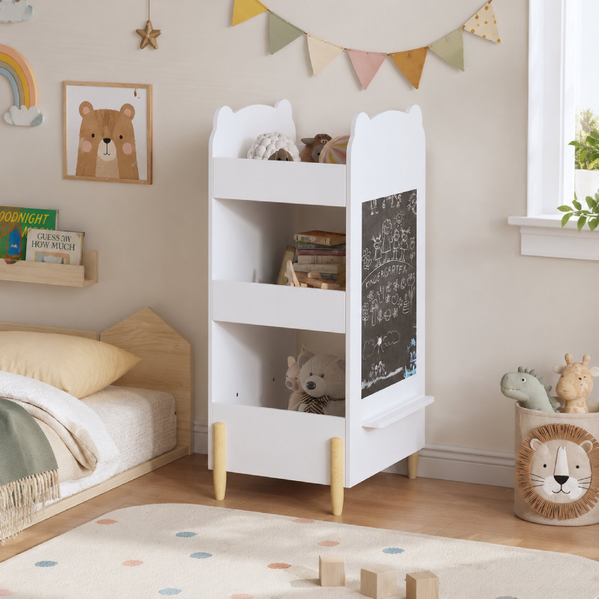 Anmytek Bear Shaped Wooden Kids Bookshelf 3 Tier Storage Organizer with Side Chalkboard White Toy and Book Shelf for Toddlers Playroom Bedroom