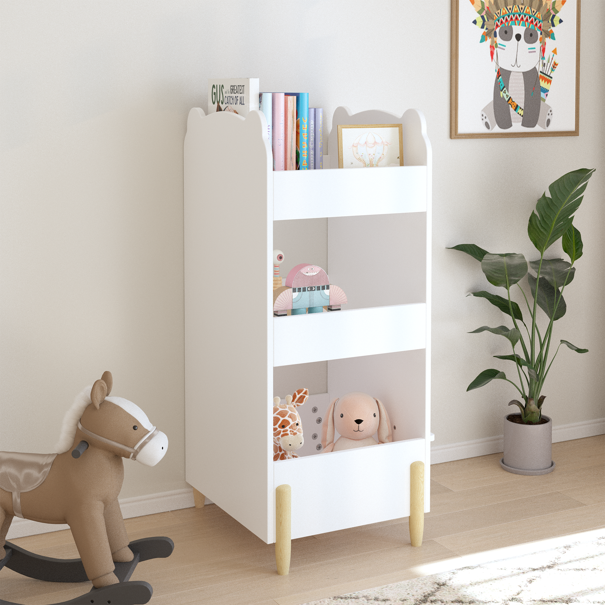 Anmytek Bear Shaped Wooden Kids Bookshelf 3 Tier Storage Organizer with Side Chalkboard White Toy and Book Shelf for Toddlers Playroom Bedroom