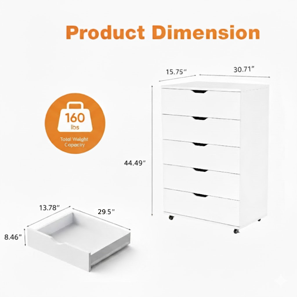Anmytek White 5 Drawer Dresser with Wheels Modern Mobile Storage Cabinet for Bedroom