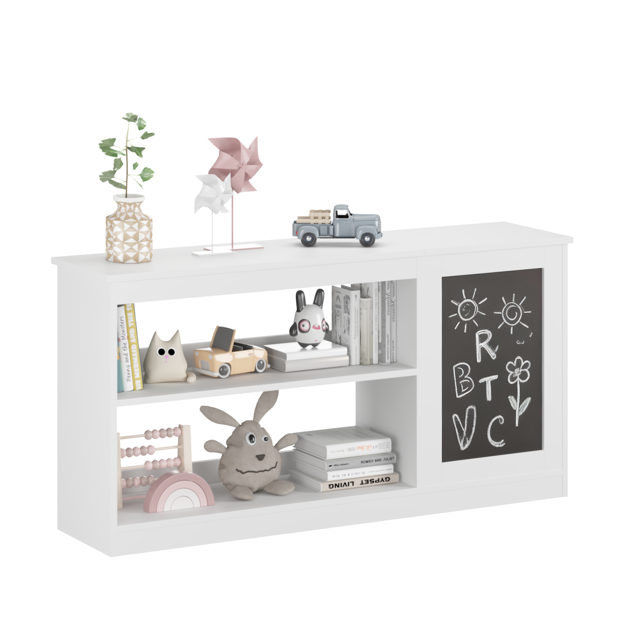 Anmytek 3 in 1 Kids Bookshelf Toy Storage Cabinet Modern White Organizer with Chalkboard for Playroom Bedroom