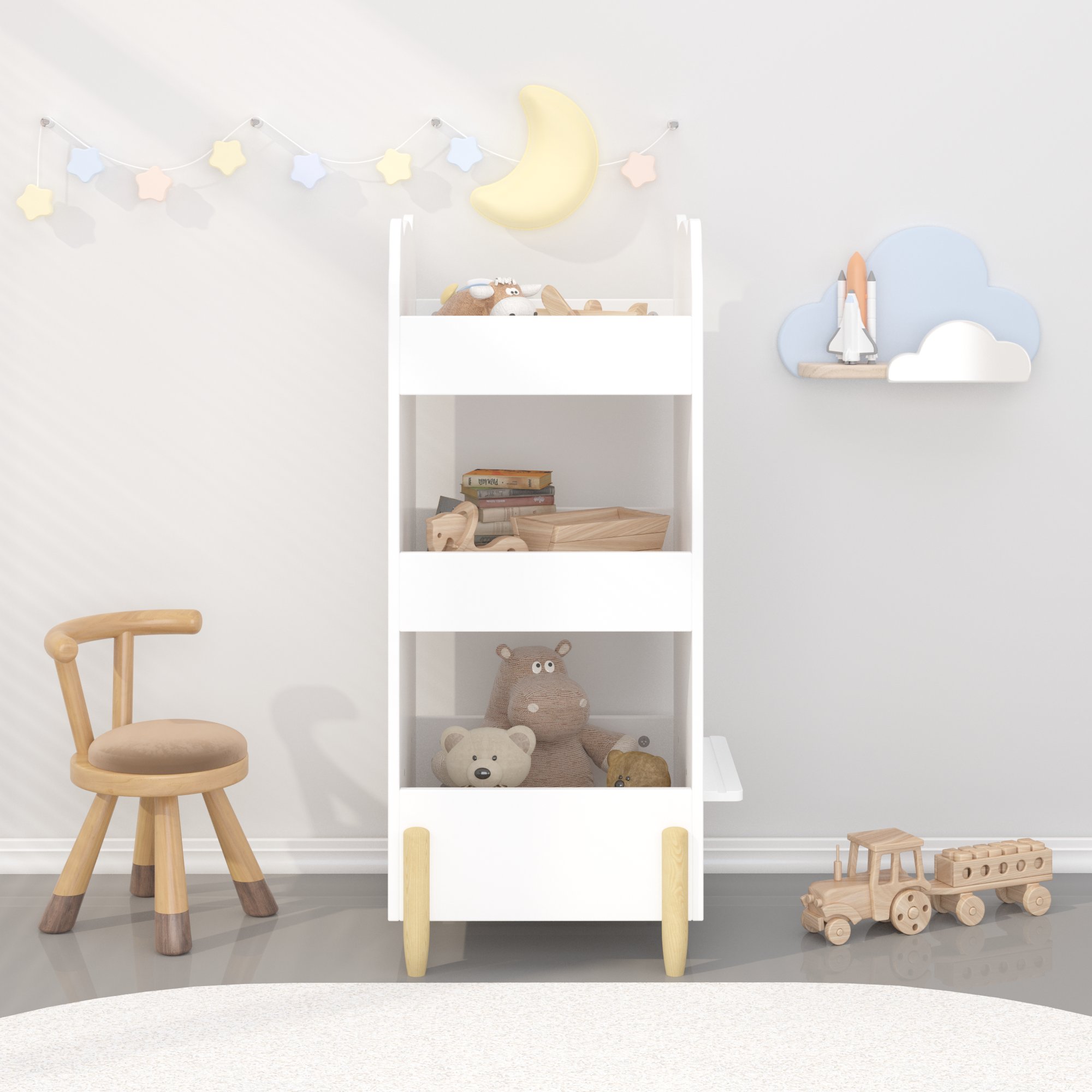 Anmytek Bear Shaped Wooden Kids Bookshelf 3 Tier Storage Organizer with Side Chalkboard White Toy and Book Shelf for Toddlers Playroom Bedroom