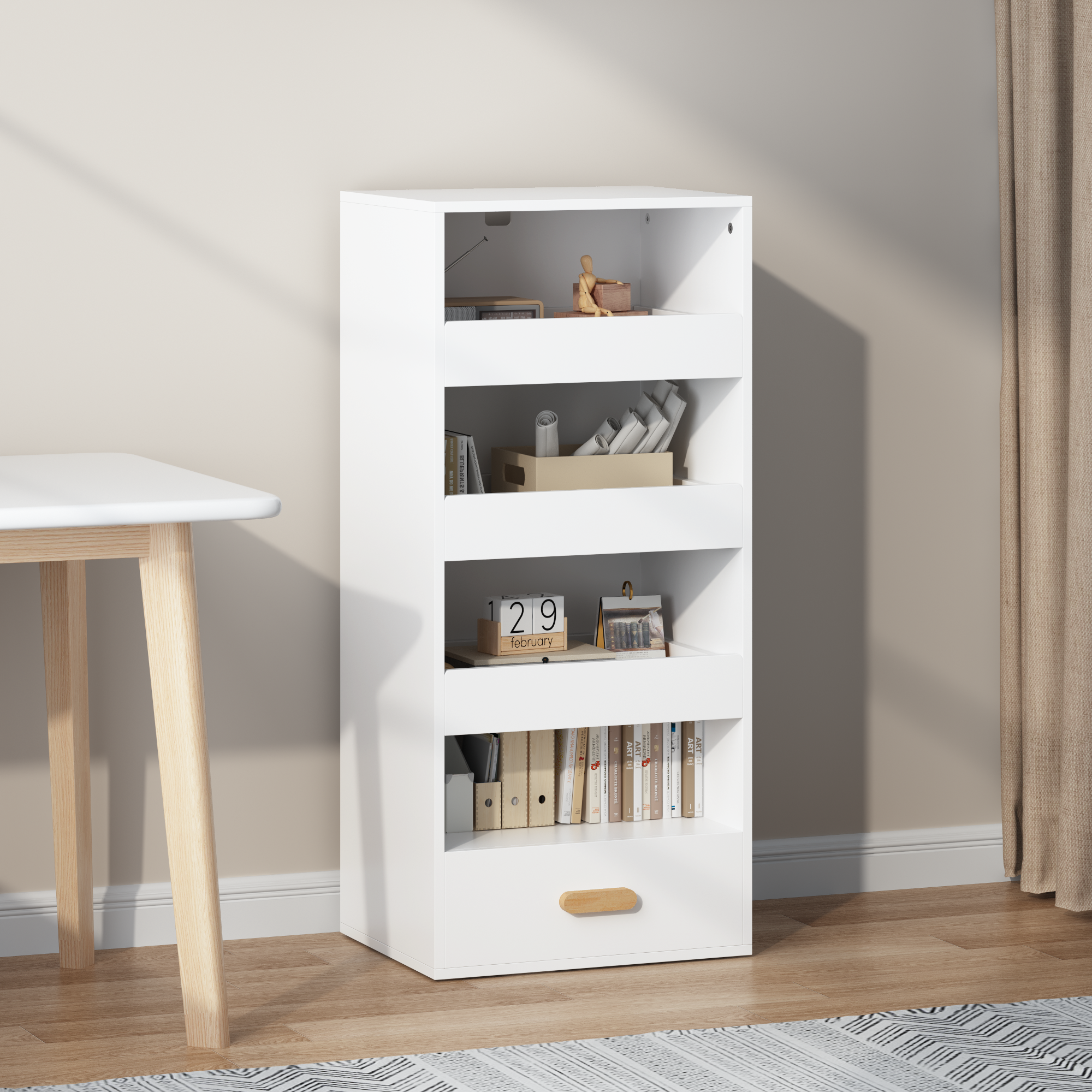 Anmytek 4 Tier Freestanding Bookshelf Storage Organizer with 3 Sliding Drawers and 1 Bottom Drawer for Living Room Home Office