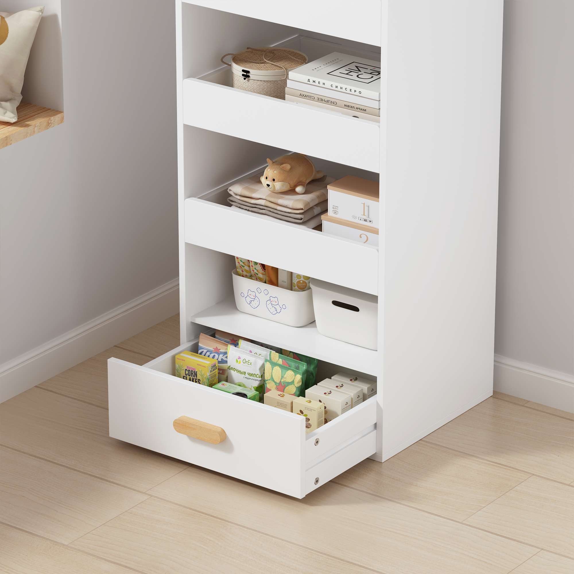 Anmytek 4 Tier Freestanding Bookshelf Storage Organizer with 3 Sliding Drawers and 1 Bottom Drawer for Living Room Home Office