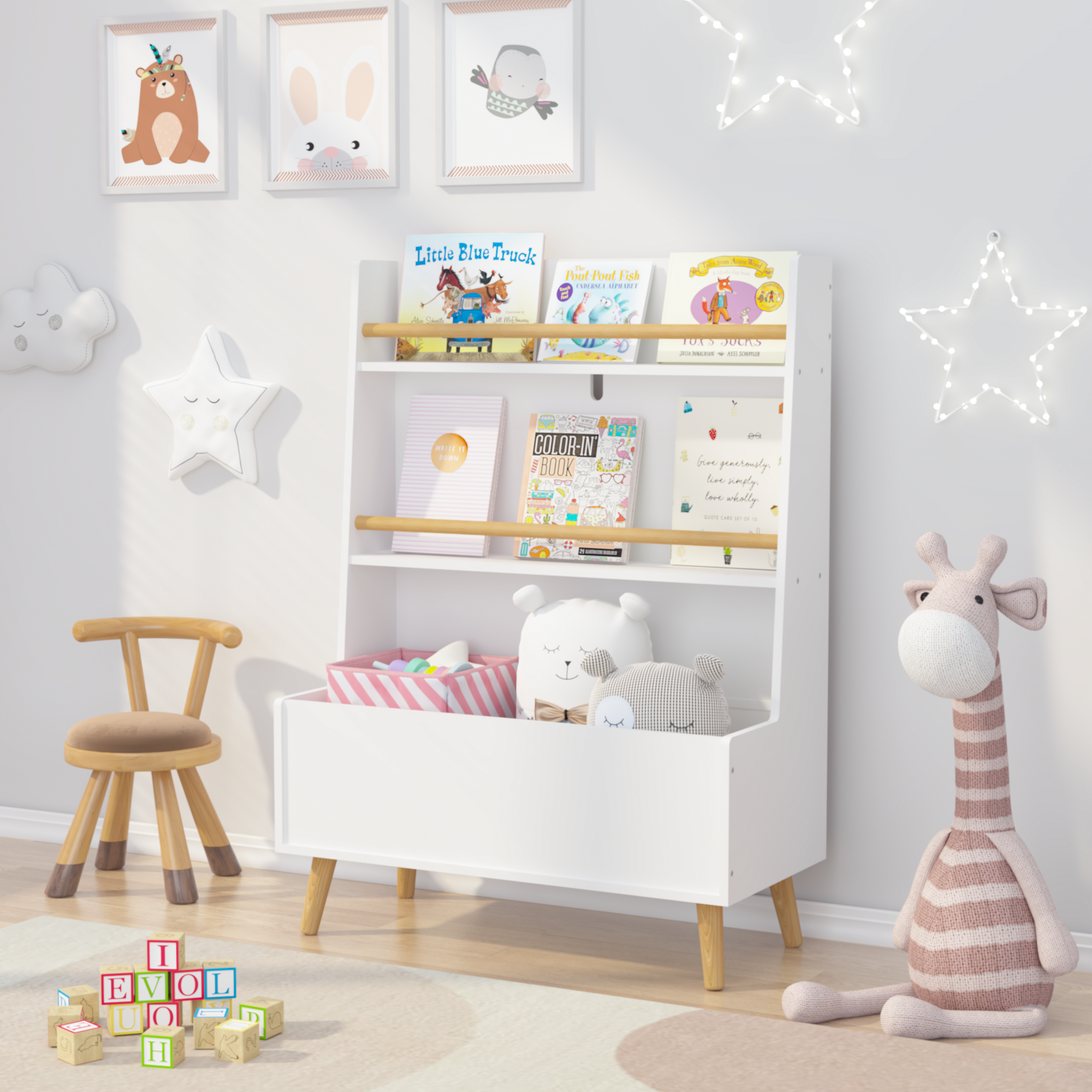 Anmytek White Kids Bookshelf Book Magazine Rack Toy Storage Organizer for Playroom Bedroom