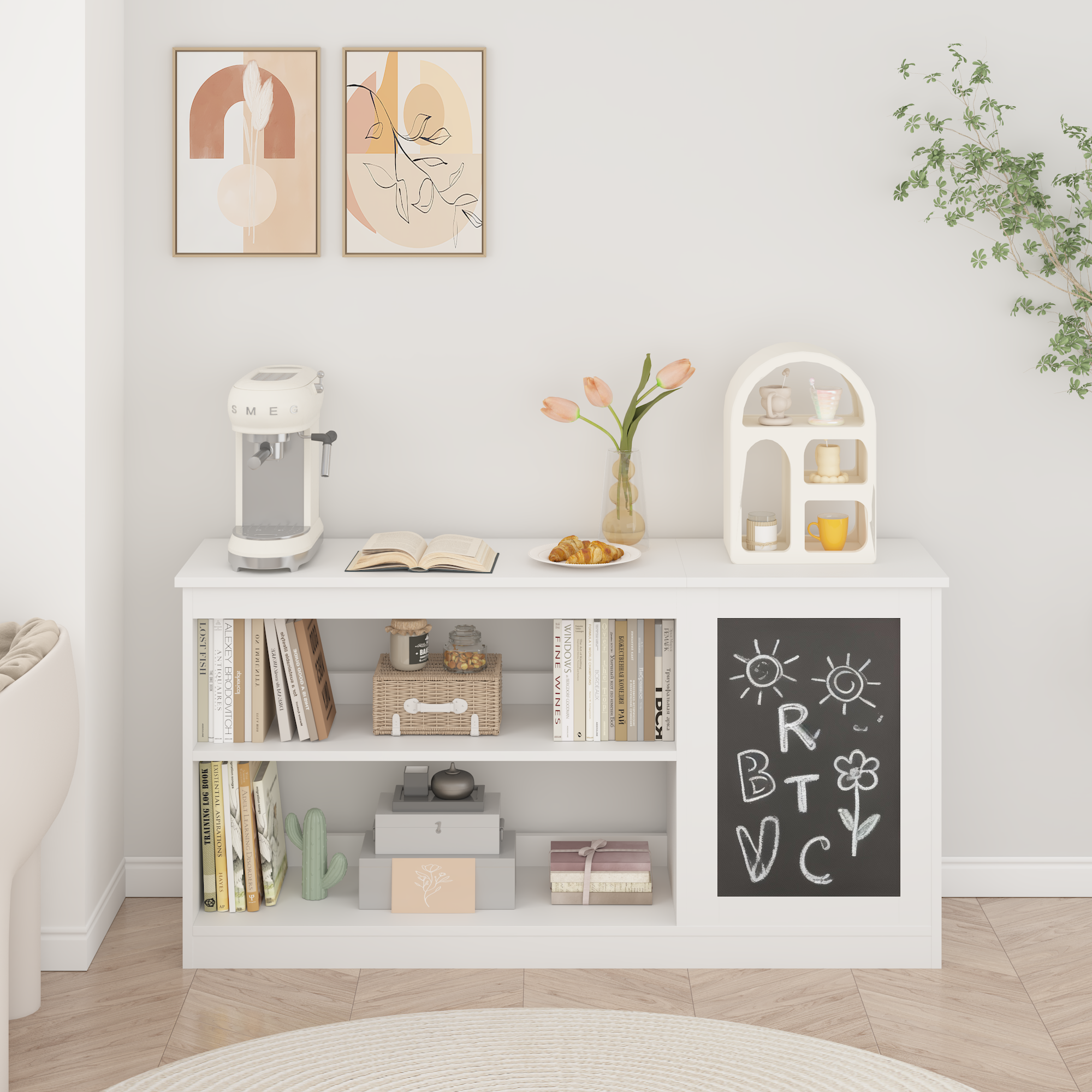 Anmytek 3 in 1 Kids Bookshelf Toy Storage Cabinet Modern White Organizer with Chalkboard for Playroom Bedroom
