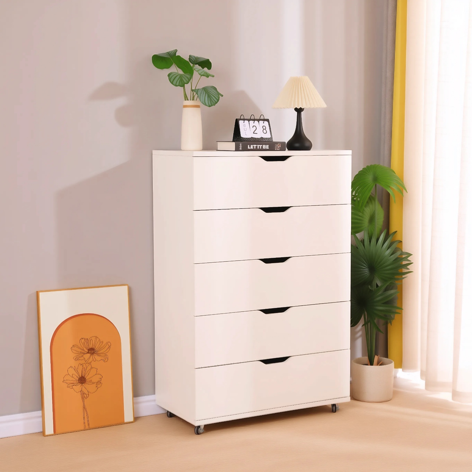 Anmytek White 5 Drawer Dresser with Wheels Modern Mobile Storage Cabinet for Bedroom