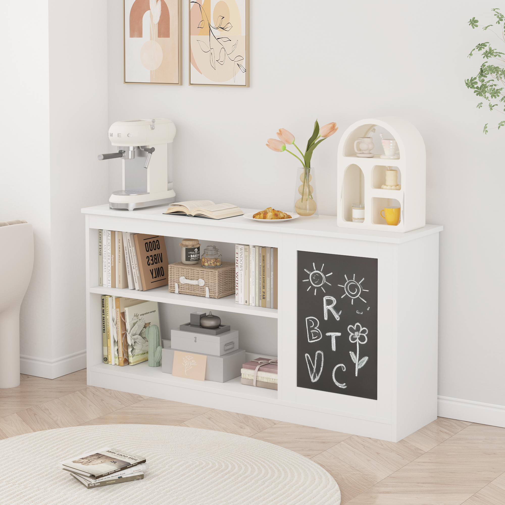 Anmytek 3 in 1 Kids Bookshelf Toy Storage Cabinet Modern White Organizer with Chalkboard for Playroom Bedroom