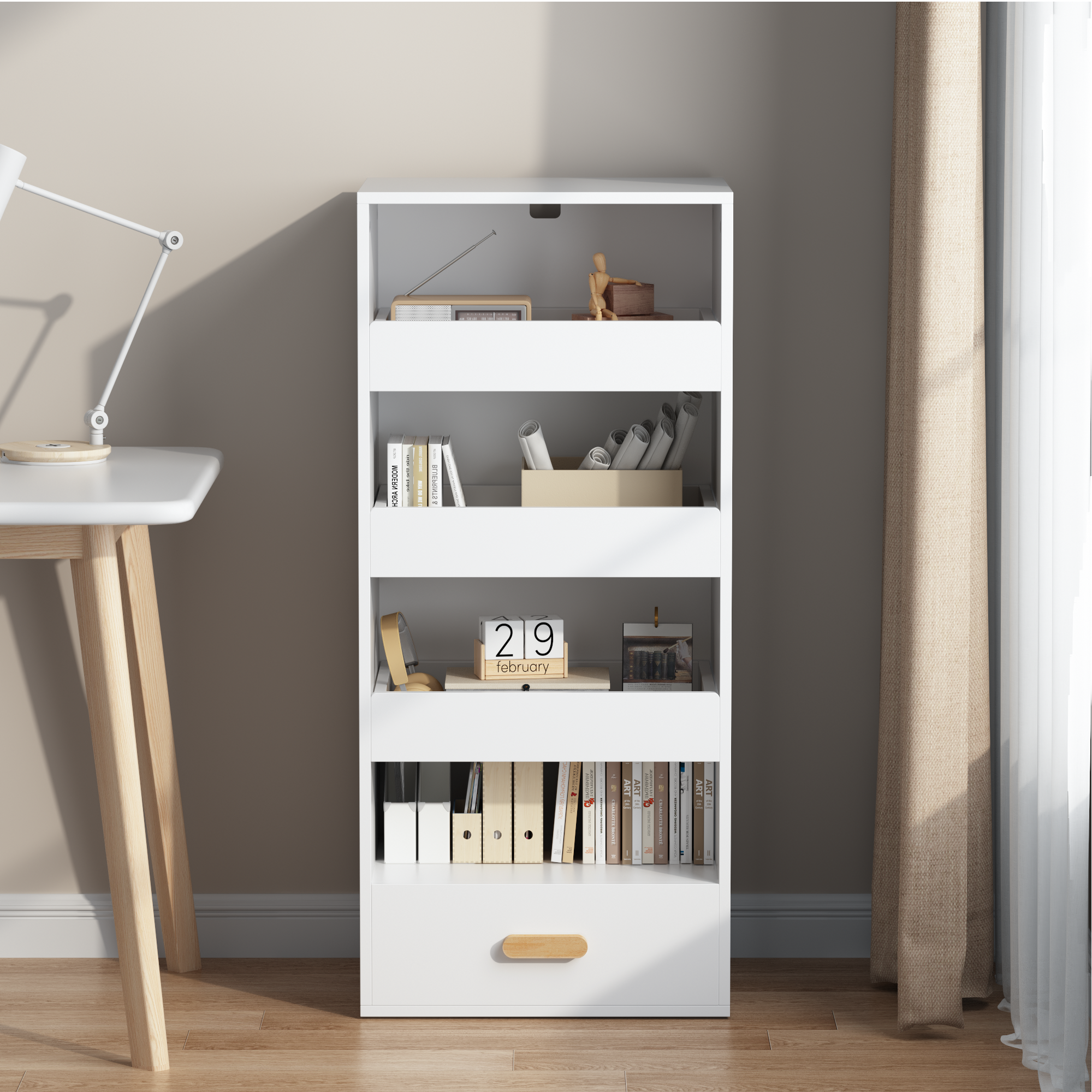 Anmytek 4 Tier Freestanding Bookshelf Storage Organizer with 3 Sliding Drawers and 1 Bottom Drawer for Living Room Home Office