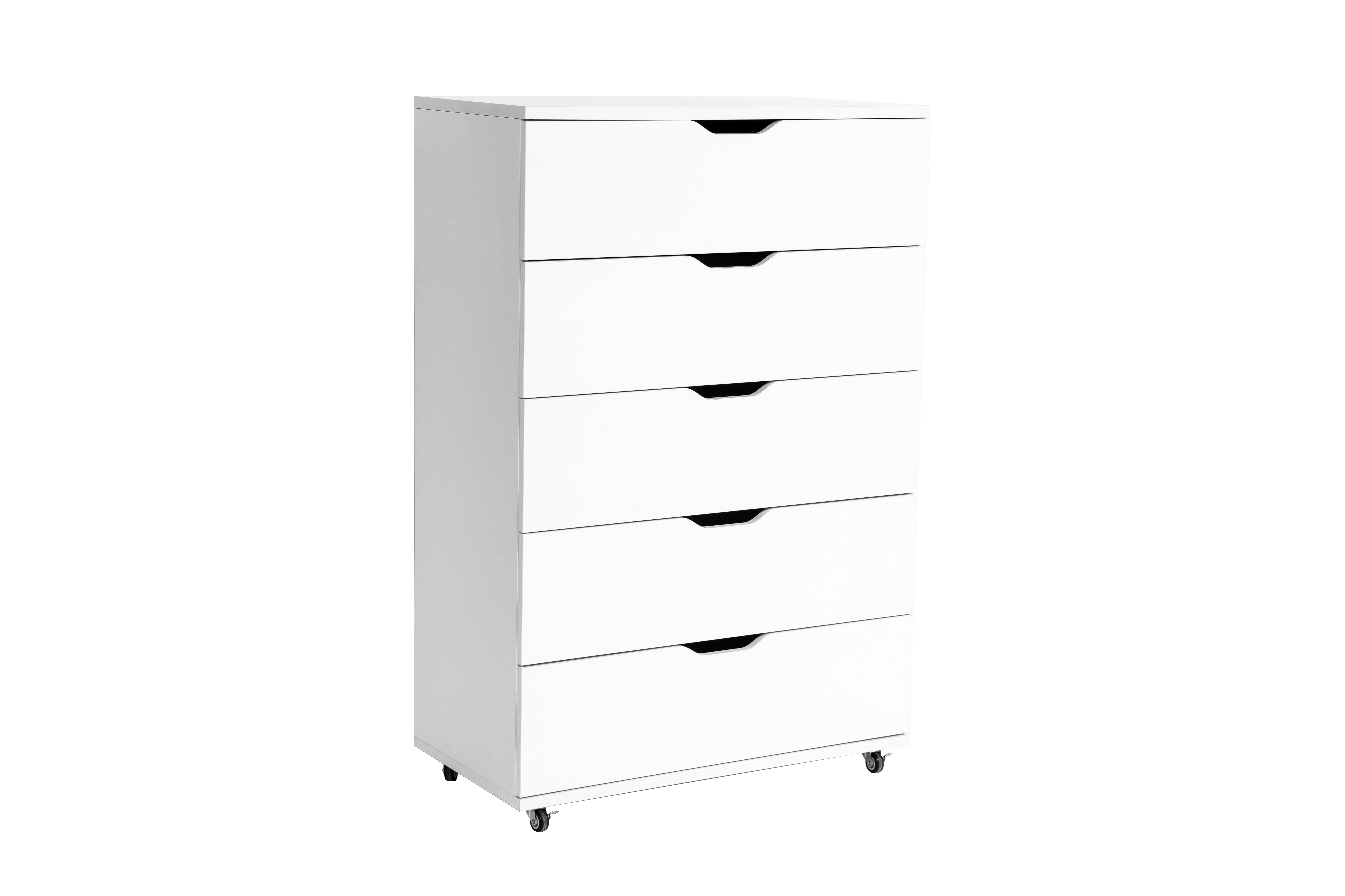 Anmytek White 5 Drawer Dresser with Wheels Modern Mobile Storage Cabinet for Bedroom