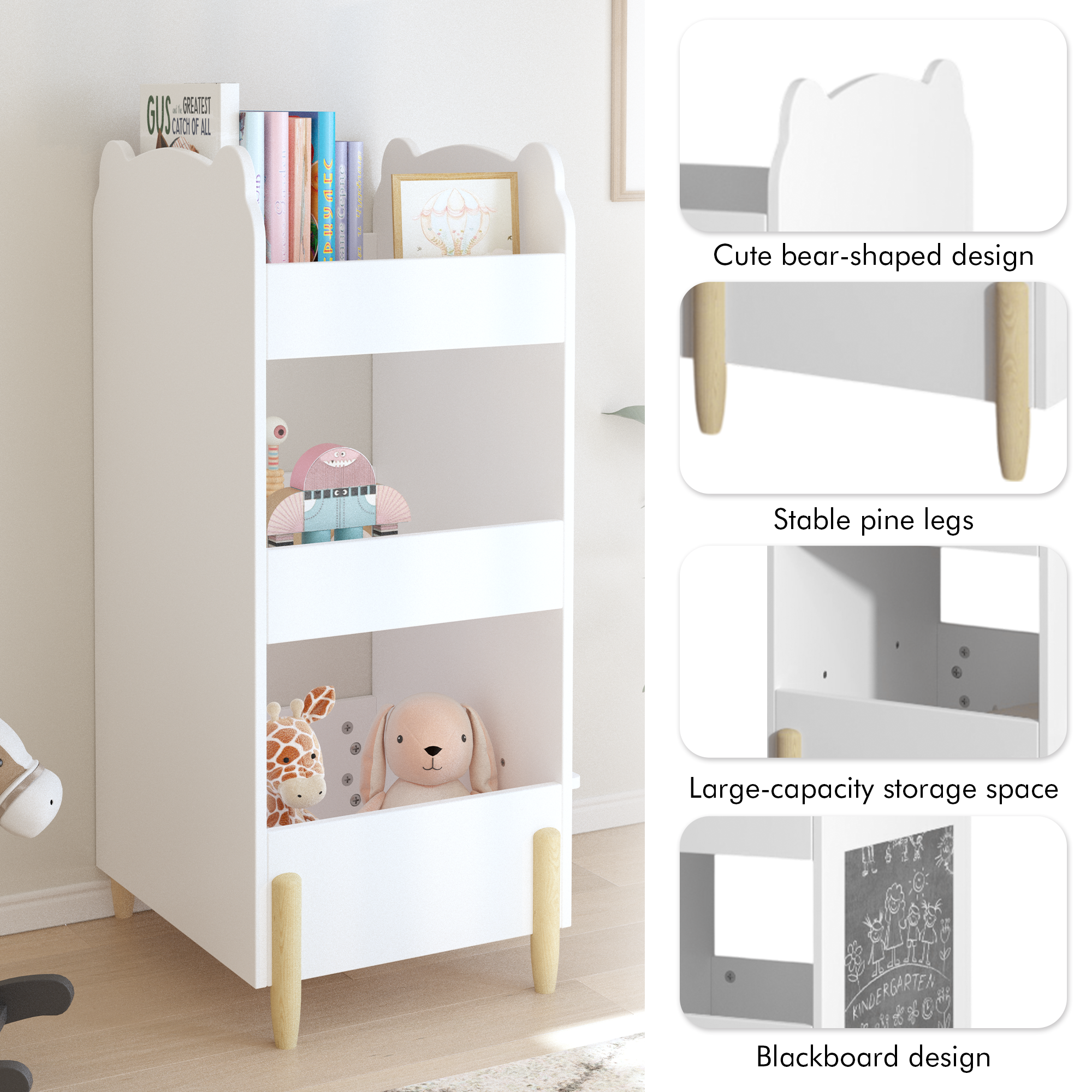 Anmytek Bear Shaped Wooden Kids Bookshelf 3 Tier Storage Organizer with Side Chalkboard White Toy and Book Shelf for Toddlers Playroom Bedroom