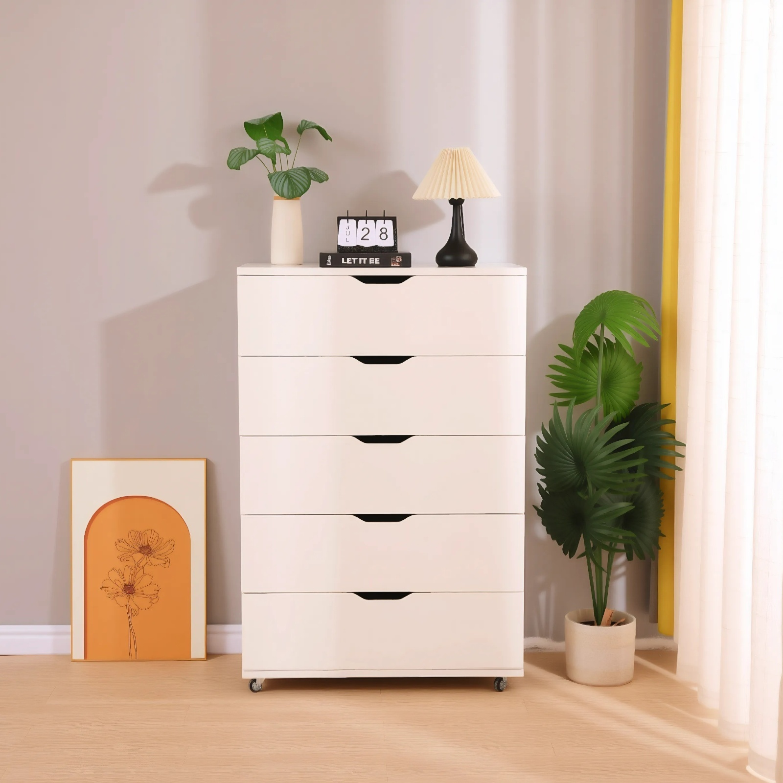 Anmytek White 5 Drawer Dresser with Wheels Modern Mobile Storage Cabinet for Bedroom