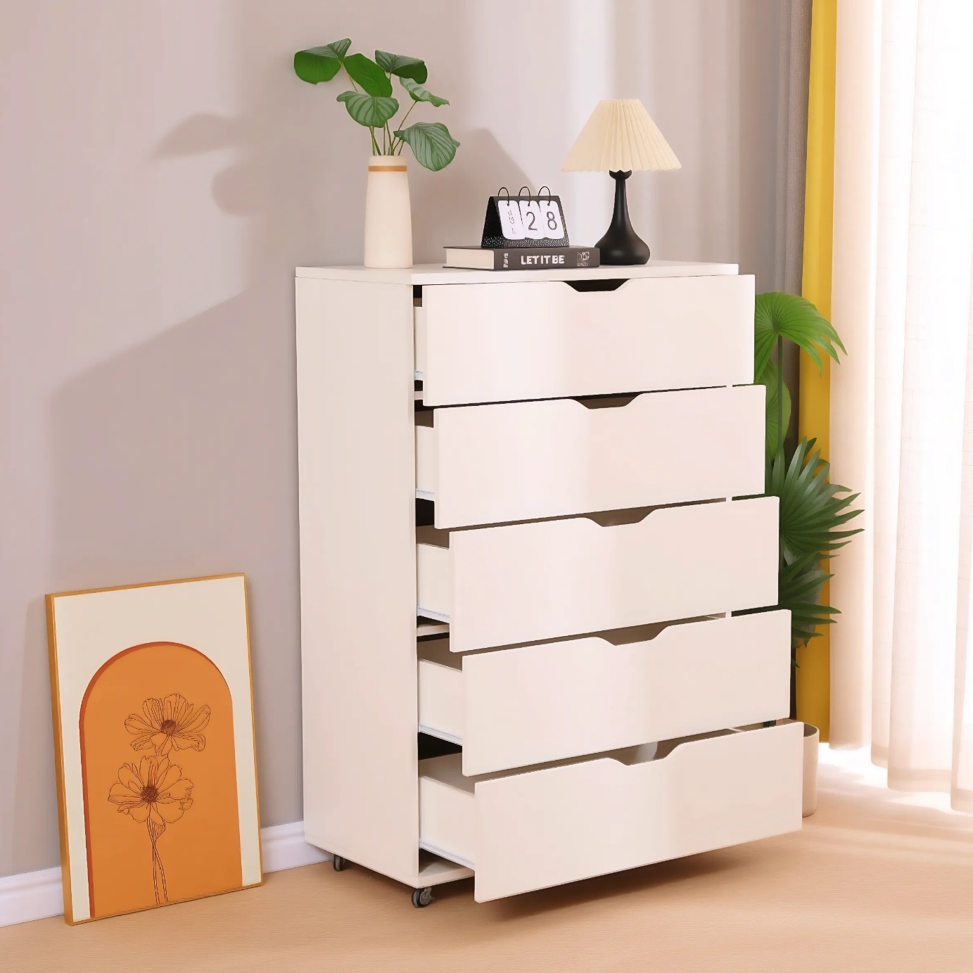 Anmytek White 5 Drawer Dresser with Wheels Modern Mobile Storage Cabinet for Bedroom