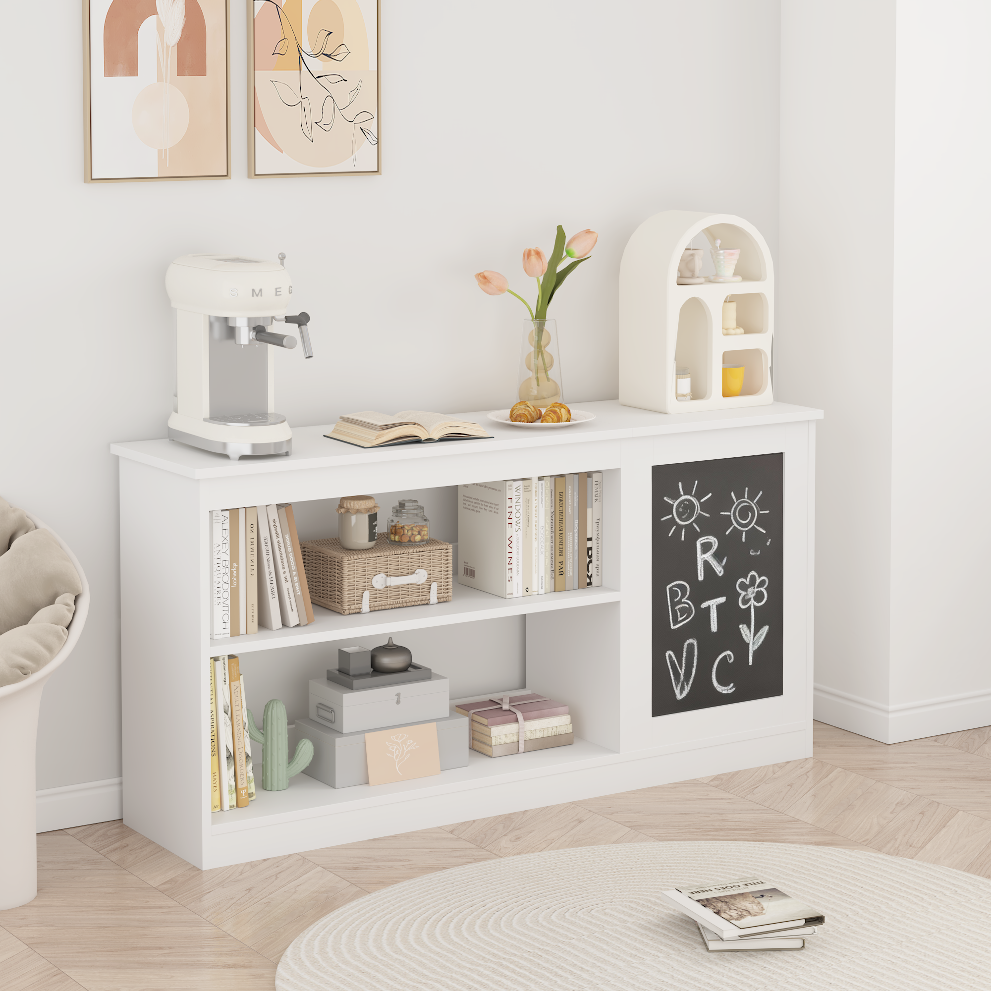 Anmytek 3 in 1 Kids Bookshelf Toy Storage Cabinet Modern White Organizer with Chalkboard for Playroom Bedroom