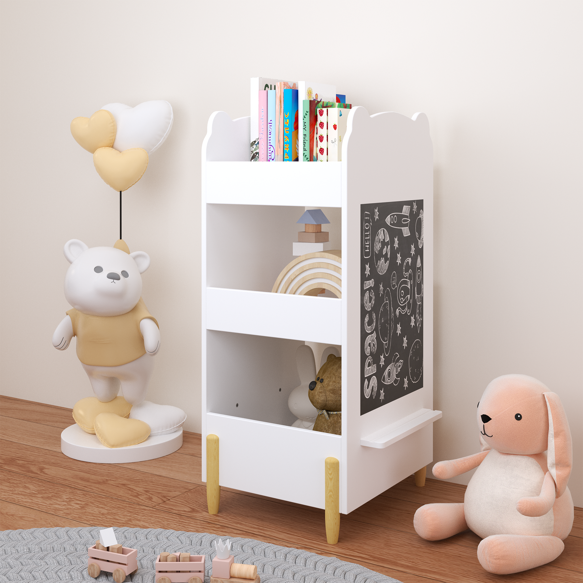 Anmytek Bear Shaped Wooden Kids Bookshelf 3 Tier Storage Organizer with Side Chalkboard White Toy and Book Shelf for Toddlers Playroom Bedroom