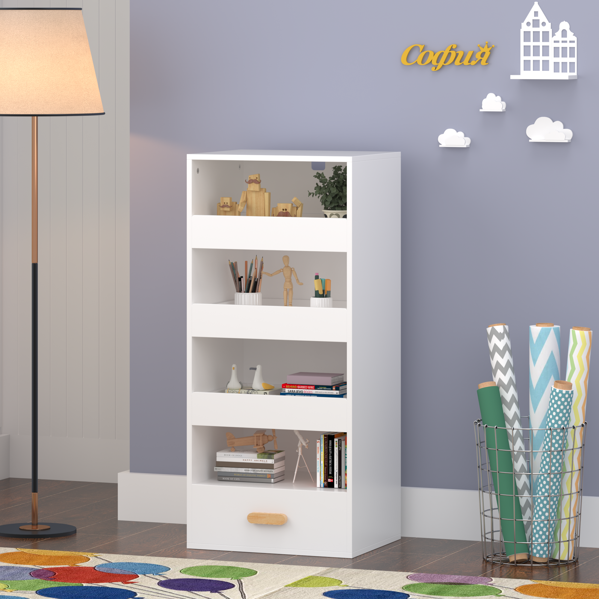Anmytek 4 Tier Freestanding Bookshelf Storage Organizer with 3 Sliding Drawers and 1 Bottom Drawer for Living Room Home Office