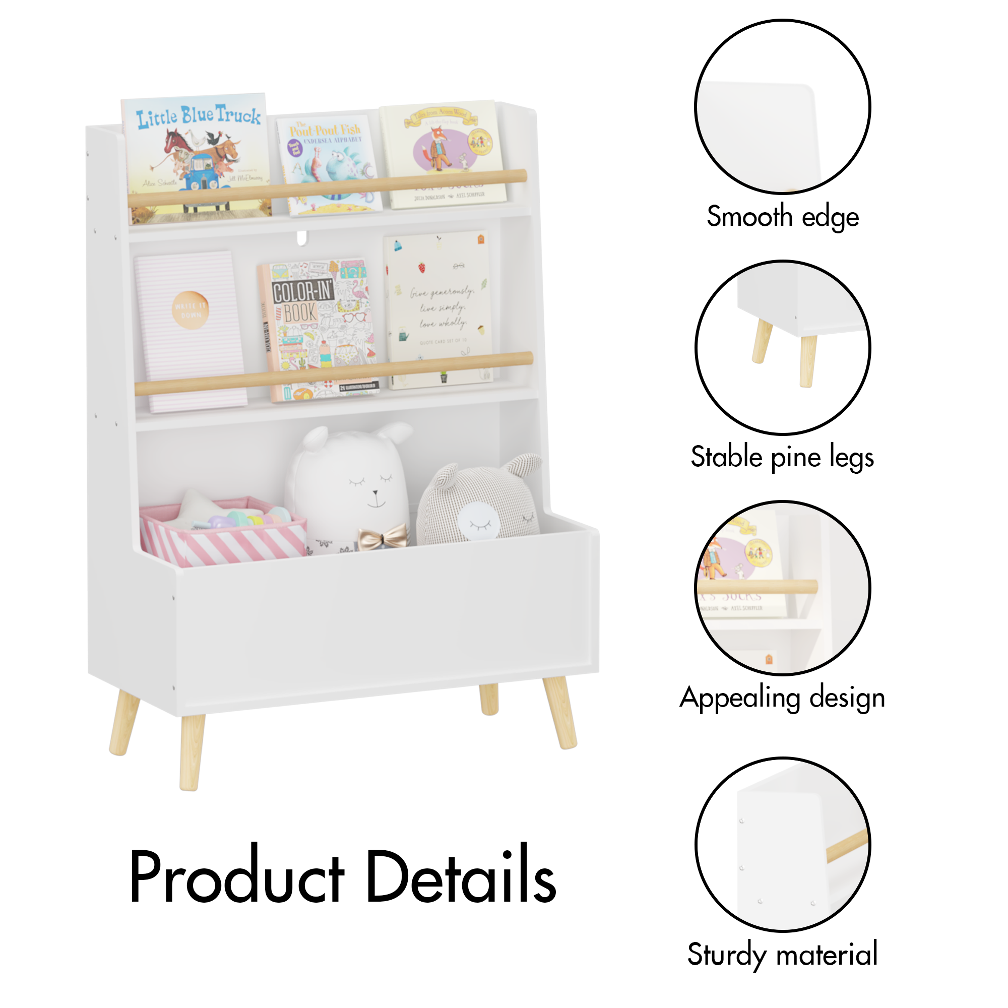 Anmytek White Kids Bookshelf Book Magazine Rack Toy Storage Organizer for Playroom Bedroom