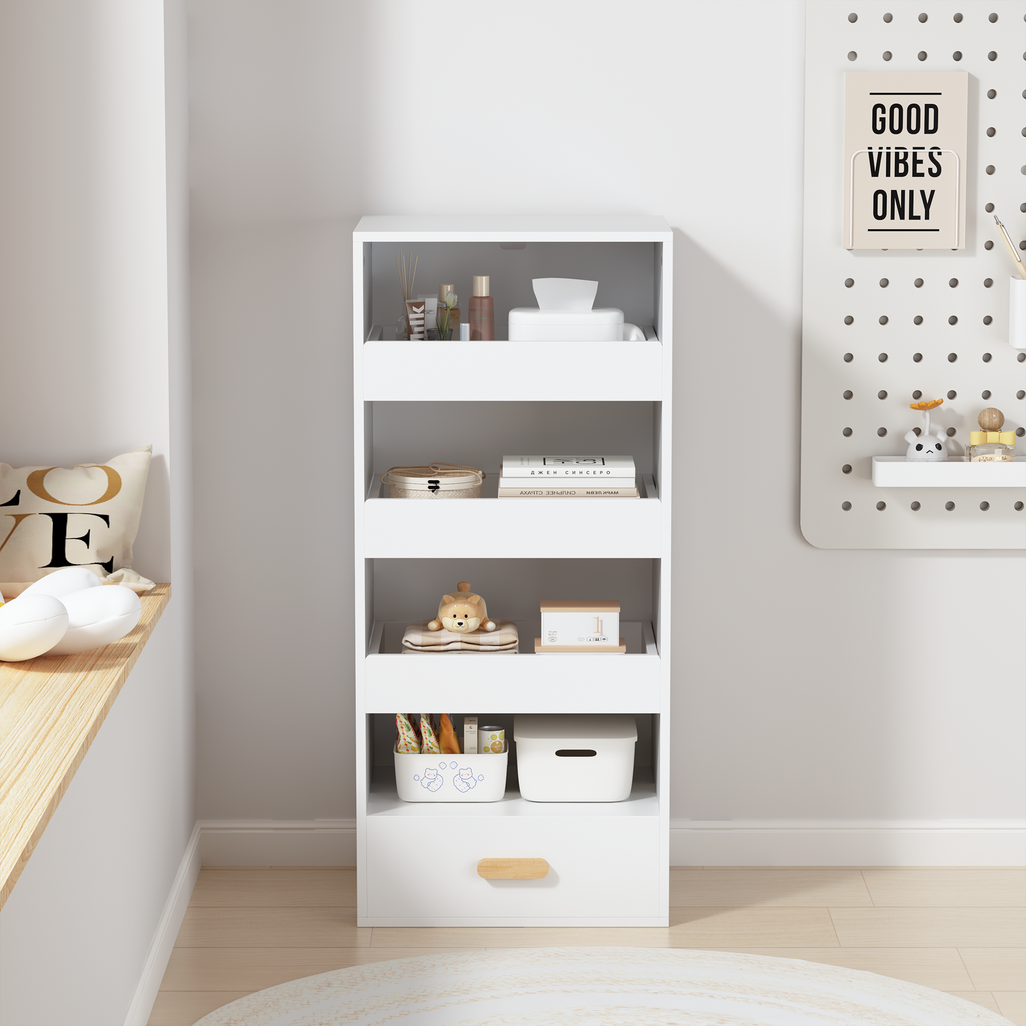 Anmytek 4 Tier Freestanding Bookshelf Storage Organizer with 3 Sliding Drawers and 1 Bottom Drawer for Living Room Home Office