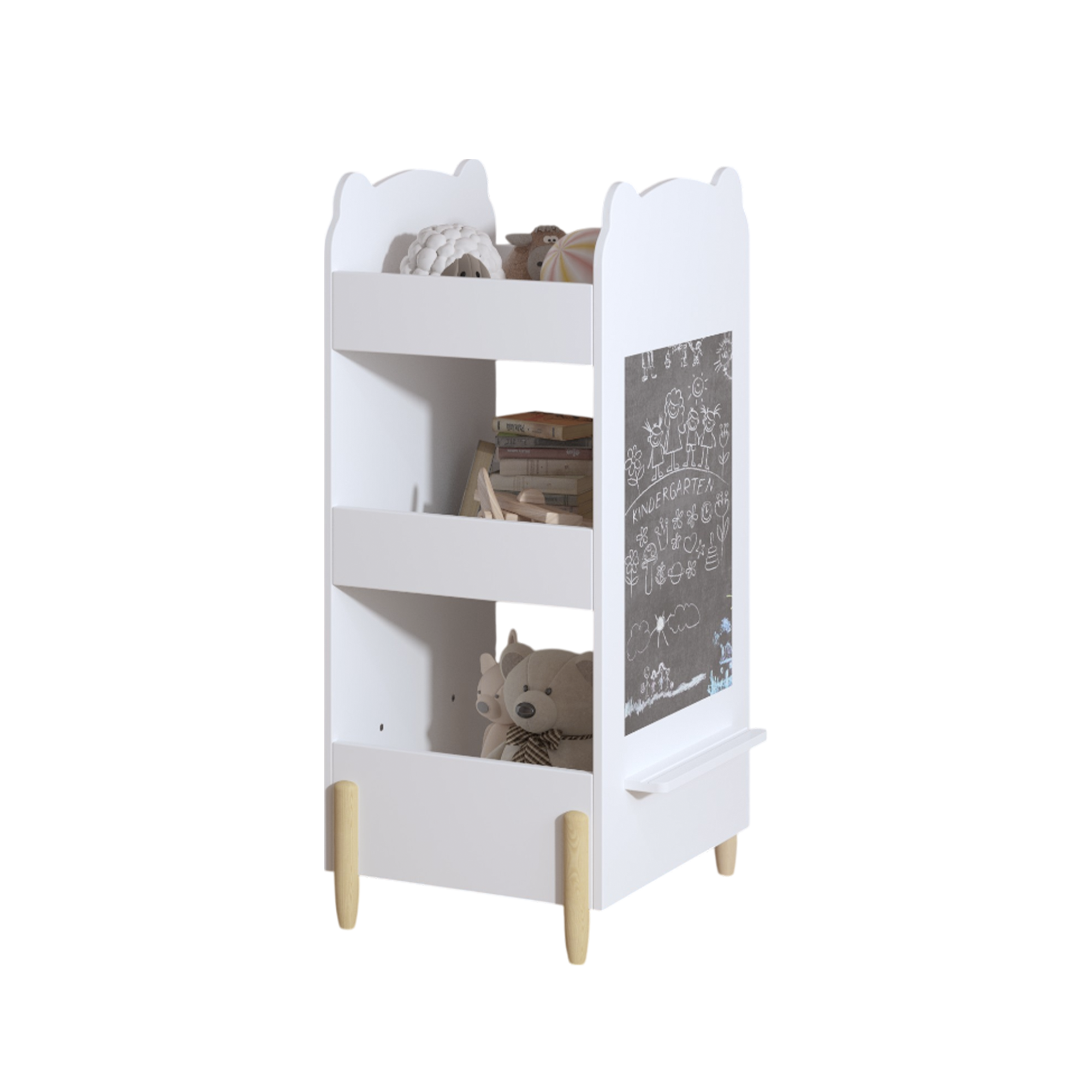 Anmytek Bear Shaped Wooden Kids Bookshelf 3 Tier Storage Organizer with Side Chalkboard White Toy and Book Shelf for Toddlers Playroom Bedroom