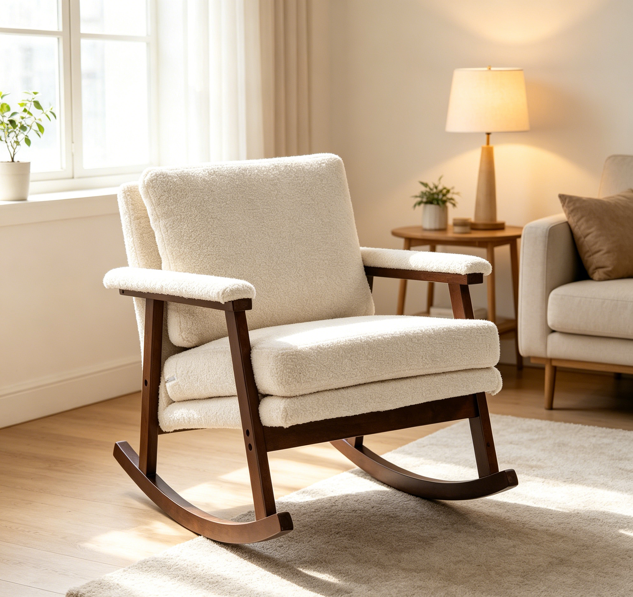 Anmytek Mid Century Modern Rocking Chair Solid Wood Frame Upholstered Accent Armchair for Living Room Bedroom Sunroom