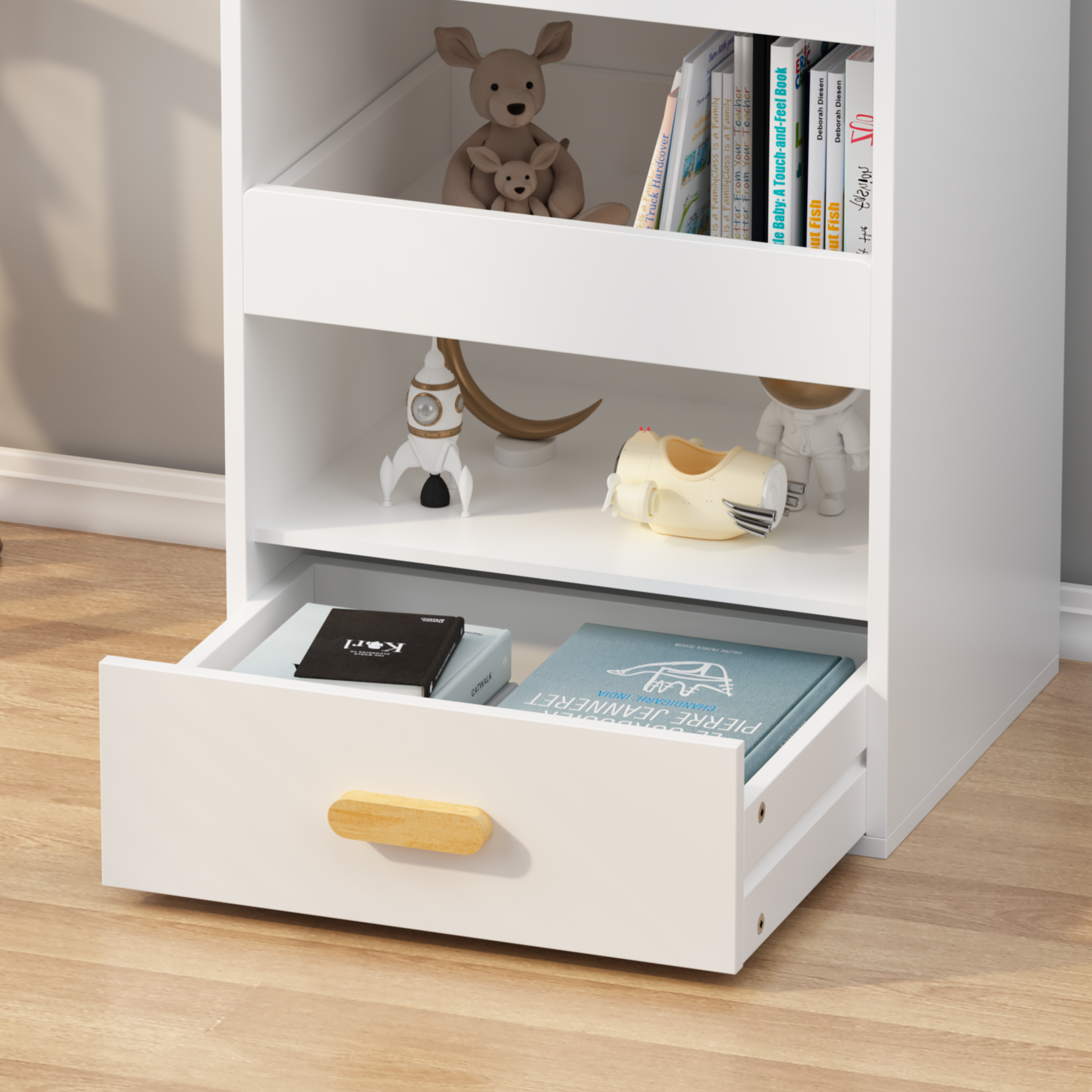 Anmytek 4 Tier Freestanding Bookshelf Storage Organizer with 3 Sliding Drawers and 1 Bottom Drawer for Living Room Home Office