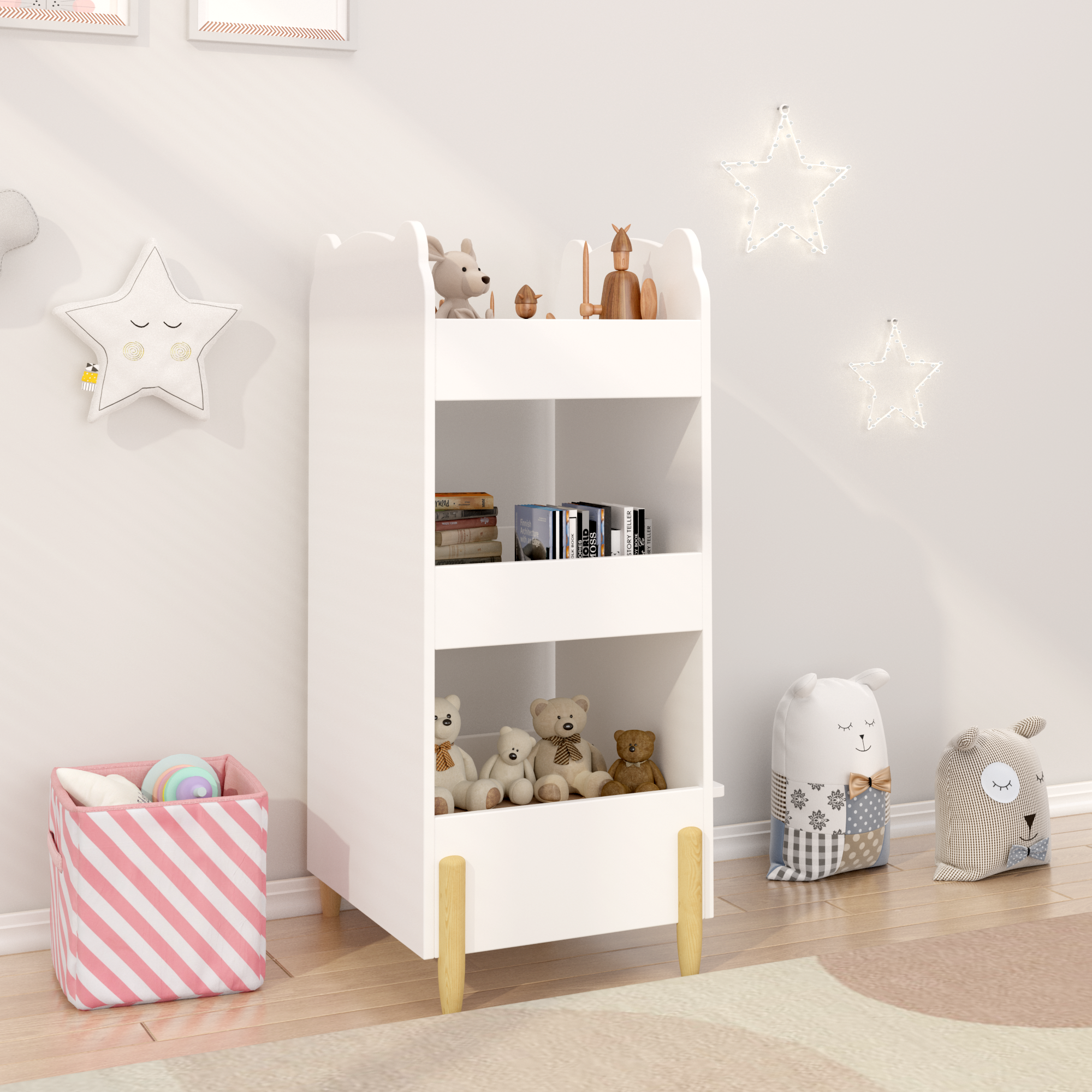 Anmytek Bear Shaped Wooden Kids Bookshelf 3 Tier Storage Organizer with Side Chalkboard White Toy and Book Shelf for Toddlers Playroom Bedroom