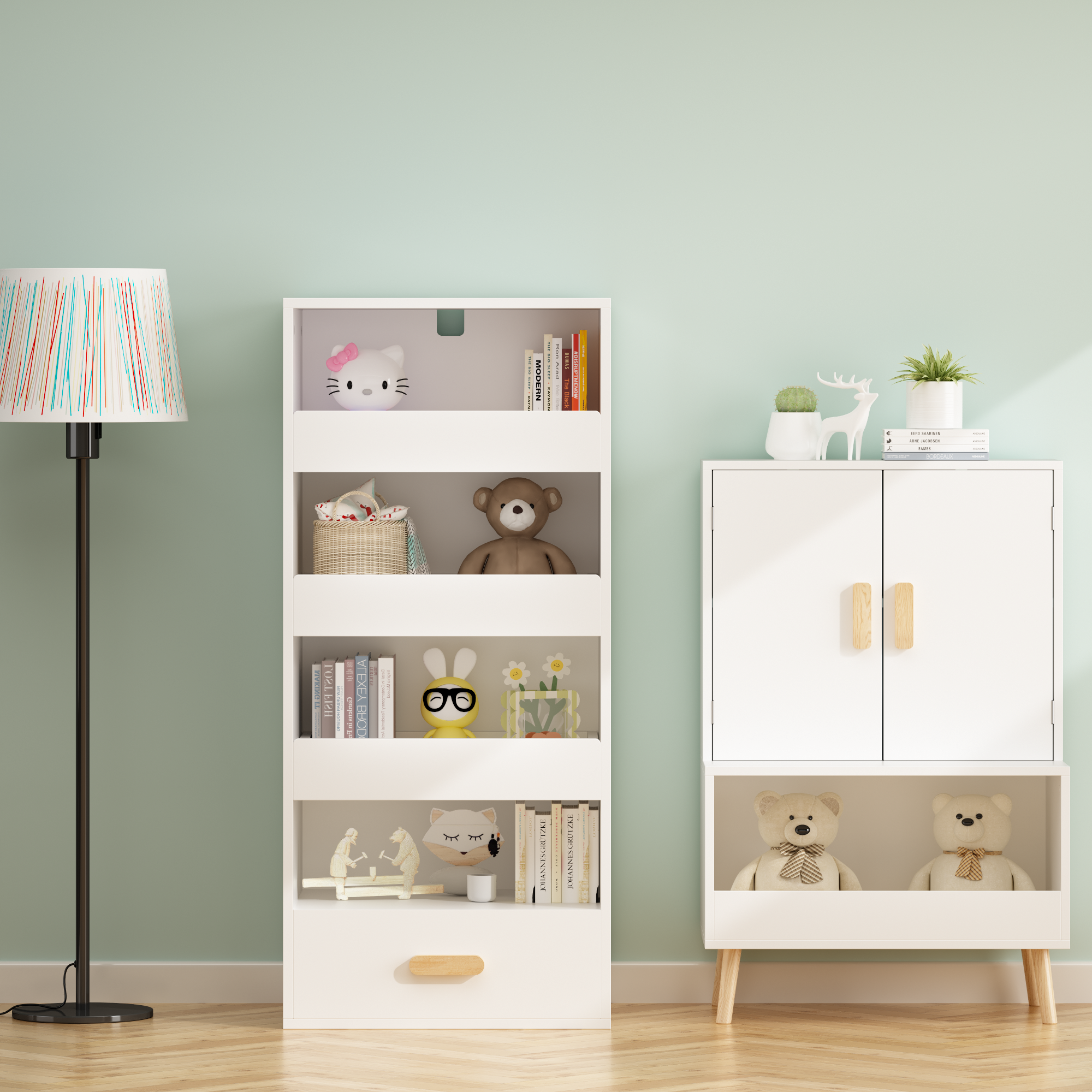 Anmytek 4 Tier Freestanding Bookshelf Storage Organizer with 3 Sliding Drawers and 1 Bottom Drawer for Living Room Home Office