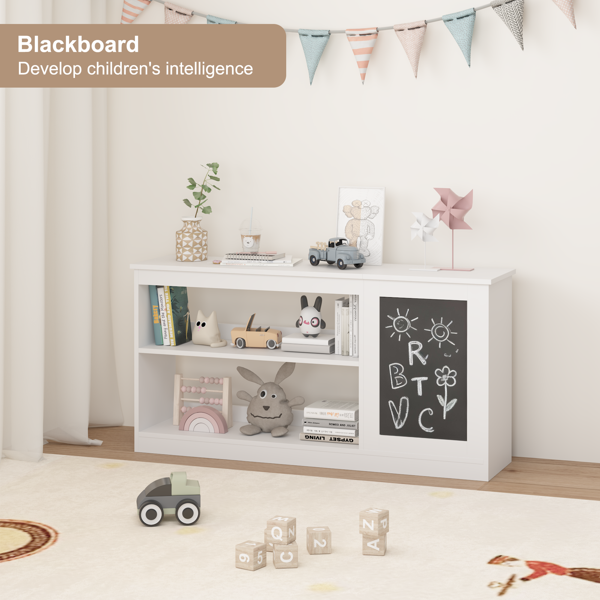 Anmytek 3 in 1 Kids Bookshelf Toy Storage Cabinet Modern White Organizer with Chalkboard for Playroom Bedroom