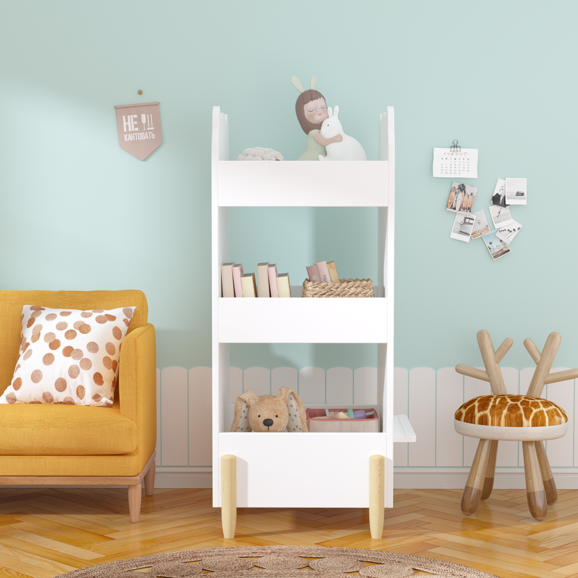 Anmytek Bear Shaped Wooden Kids Bookshelf 3 Tier Storage Organizer with Side Chalkboard White Toy and Book Shelf for Toddlers Playroom Bedroom
