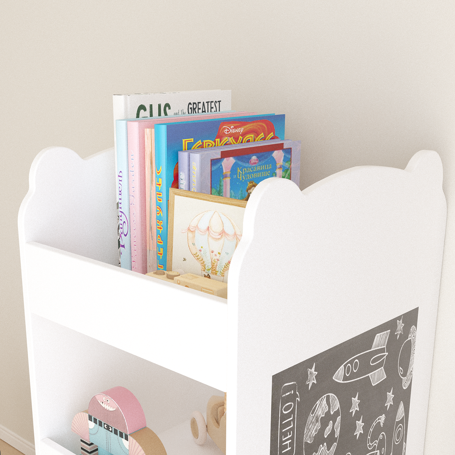 Anmytek Bear Shaped Wooden Kids Bookshelf 3 Tier Storage Organizer with Side Chalkboard White Toy and Book Shelf for Toddlers Playroom Bedroom