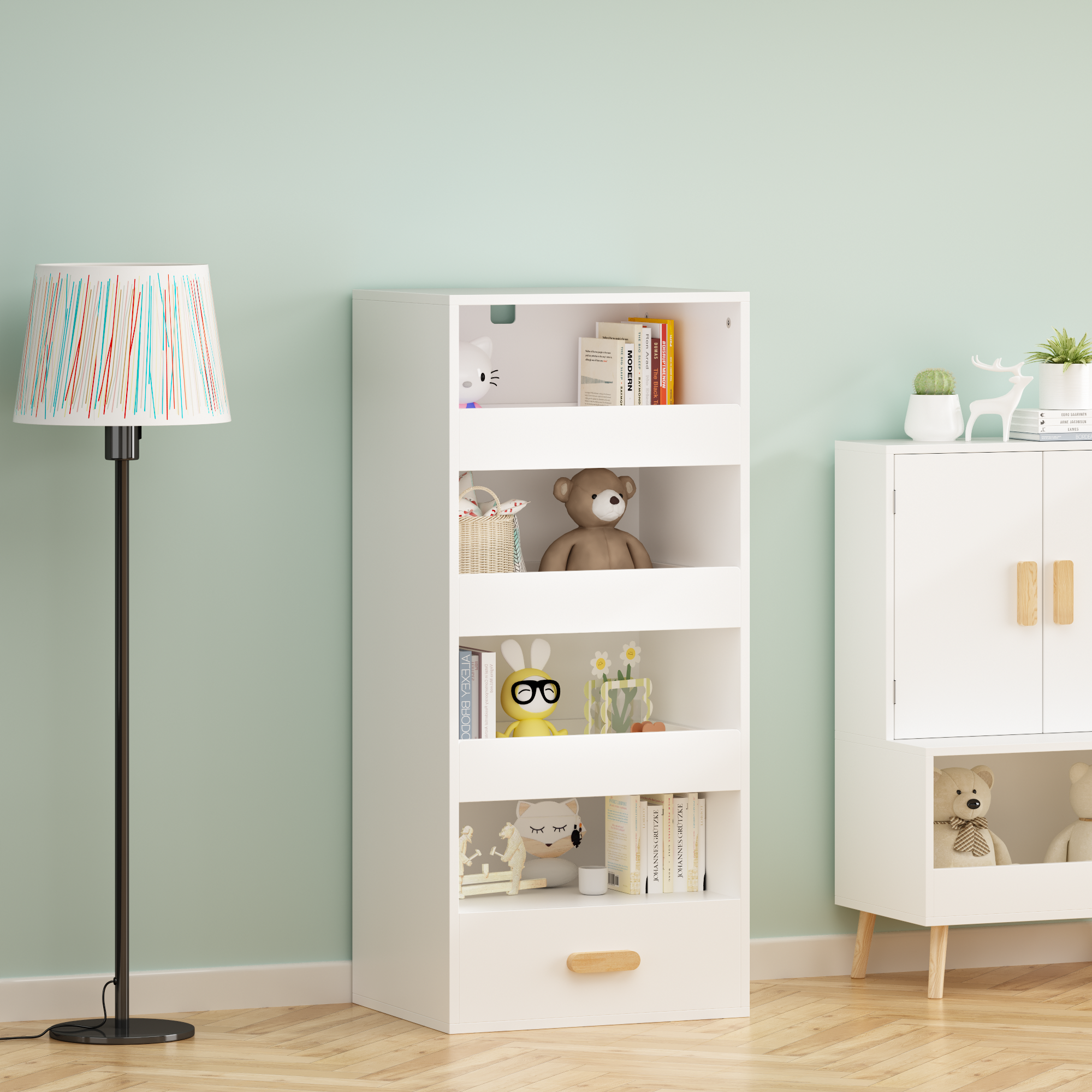 Anmytek 4 Tier Freestanding Bookshelf Storage Organizer with 3 Sliding Drawers and 1 Bottom Drawer for Living Room Home Office