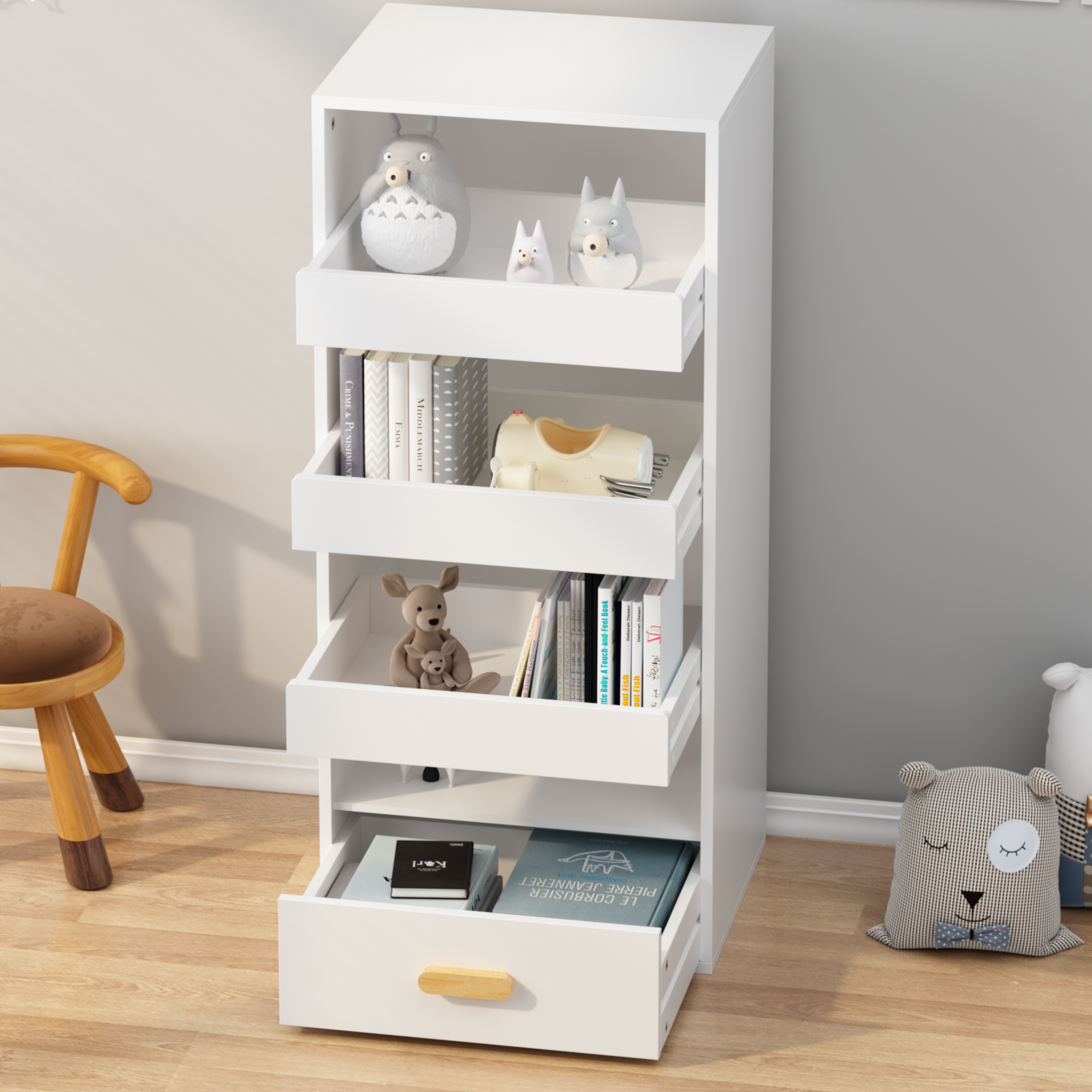 Anmytek 4 Tier Freestanding Bookshelf Storage Organizer with 3 Sliding Drawers and 1 Bottom Drawer for Living Room Home Office