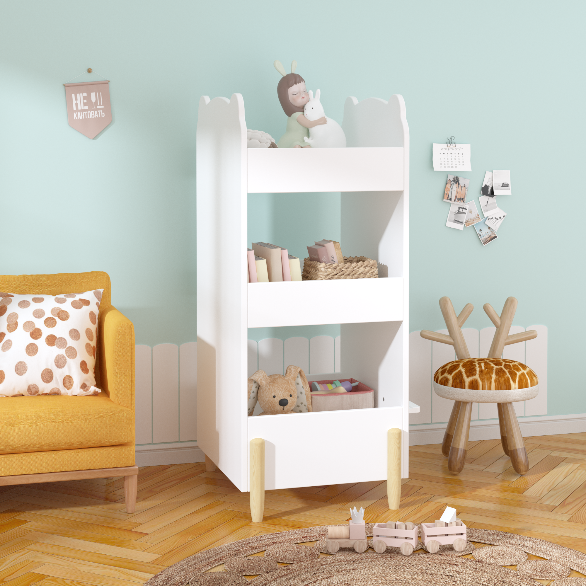 Anmytek Bear Shaped Wooden Kids Bookshelf 3 Tier Storage Organizer with Side Chalkboard White Toy and Book Shelf for Toddlers Playroom Bedroom