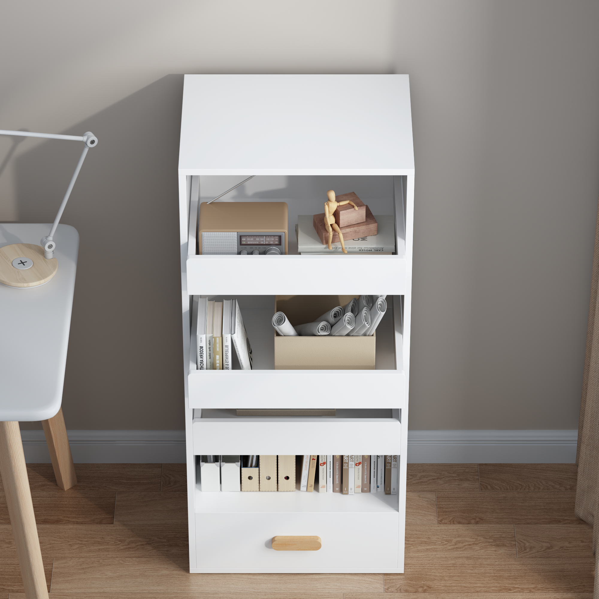 Anmytek 4 Tier Freestanding Bookshelf Storage Organizer with 3 Sliding Drawers and 1 Bottom Drawer for Living Room Home Office