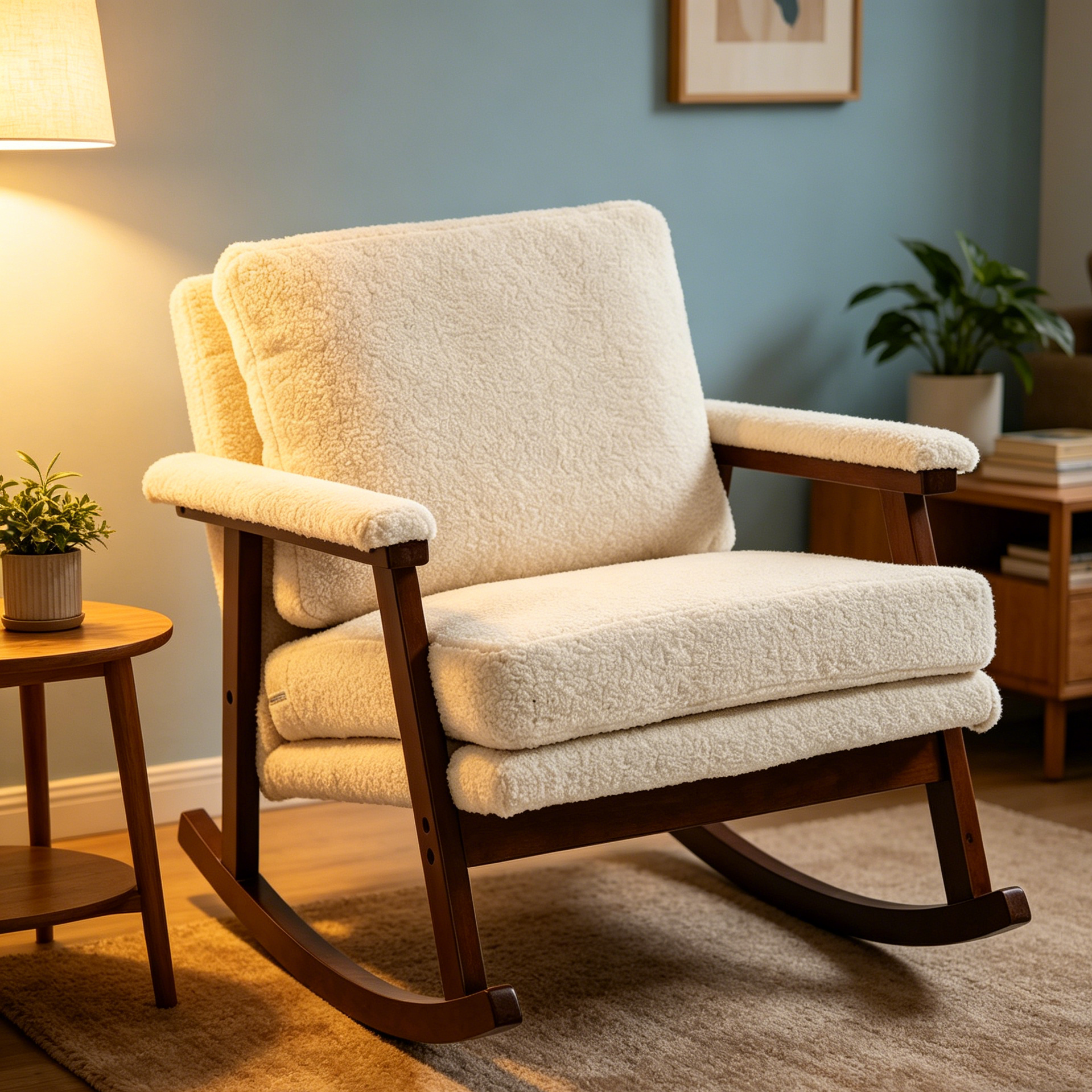 Anmytek Mid Century Modern Rocking Chair Solid Wood Frame Upholstered Accent Armchair for Living Room Bedroom Sunroom
