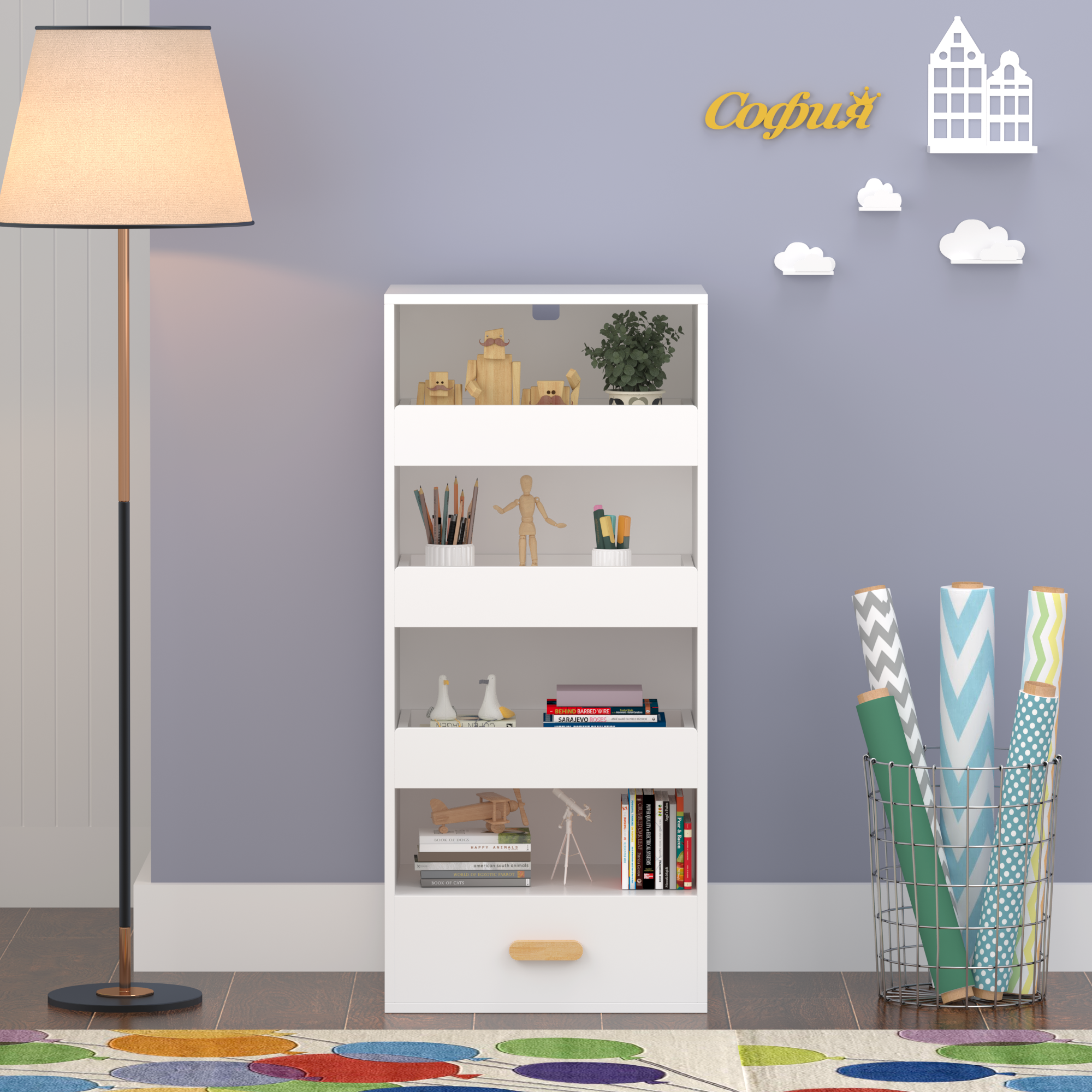 Anmytek 4 Tier Freestanding Bookshelf Storage Organizer with 3 Sliding Drawers and 1 Bottom Drawer for Living Room Home Office